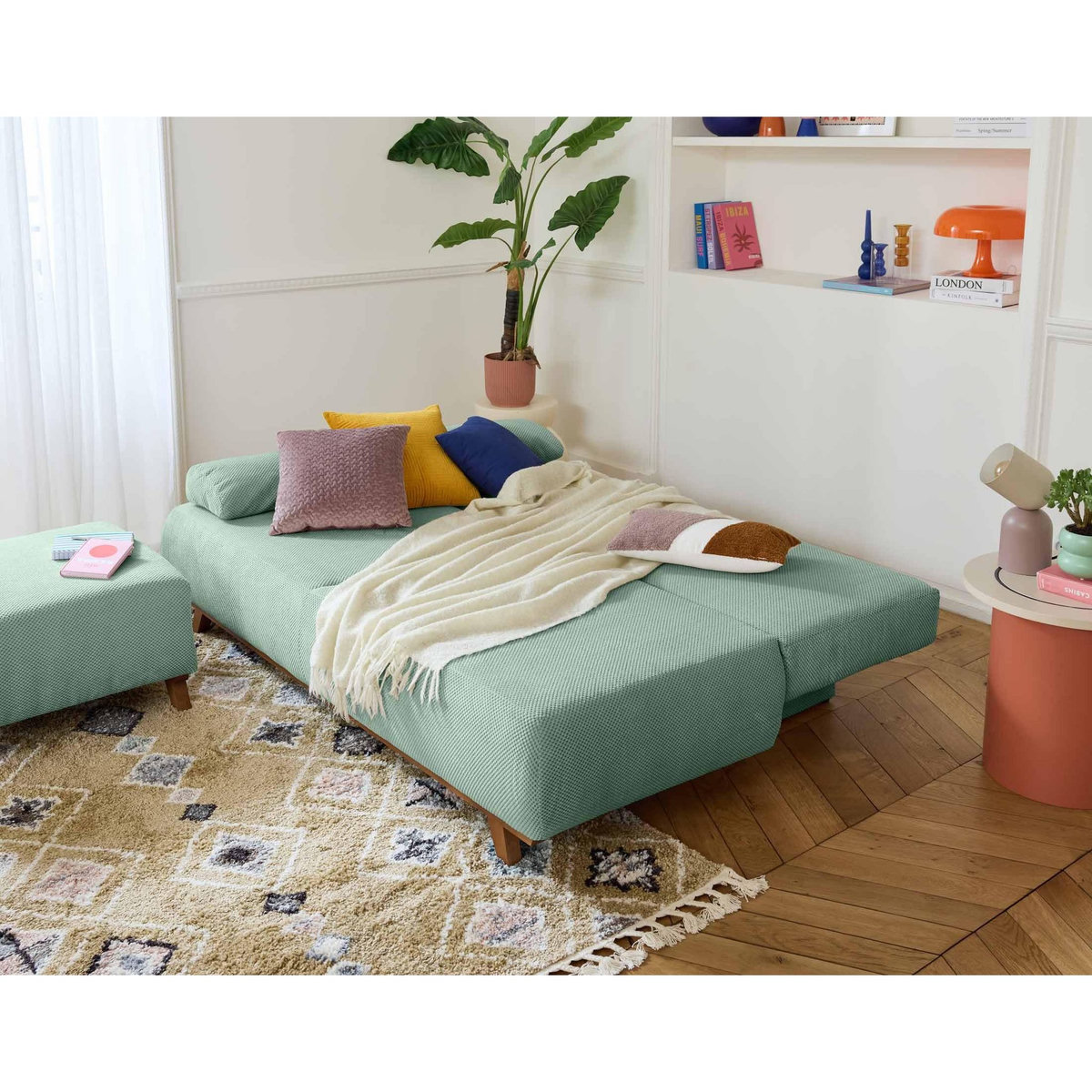 BEST MOBILIER Cristal - canapé 3 places - convertible avec coffre et pouf - en velours texturé