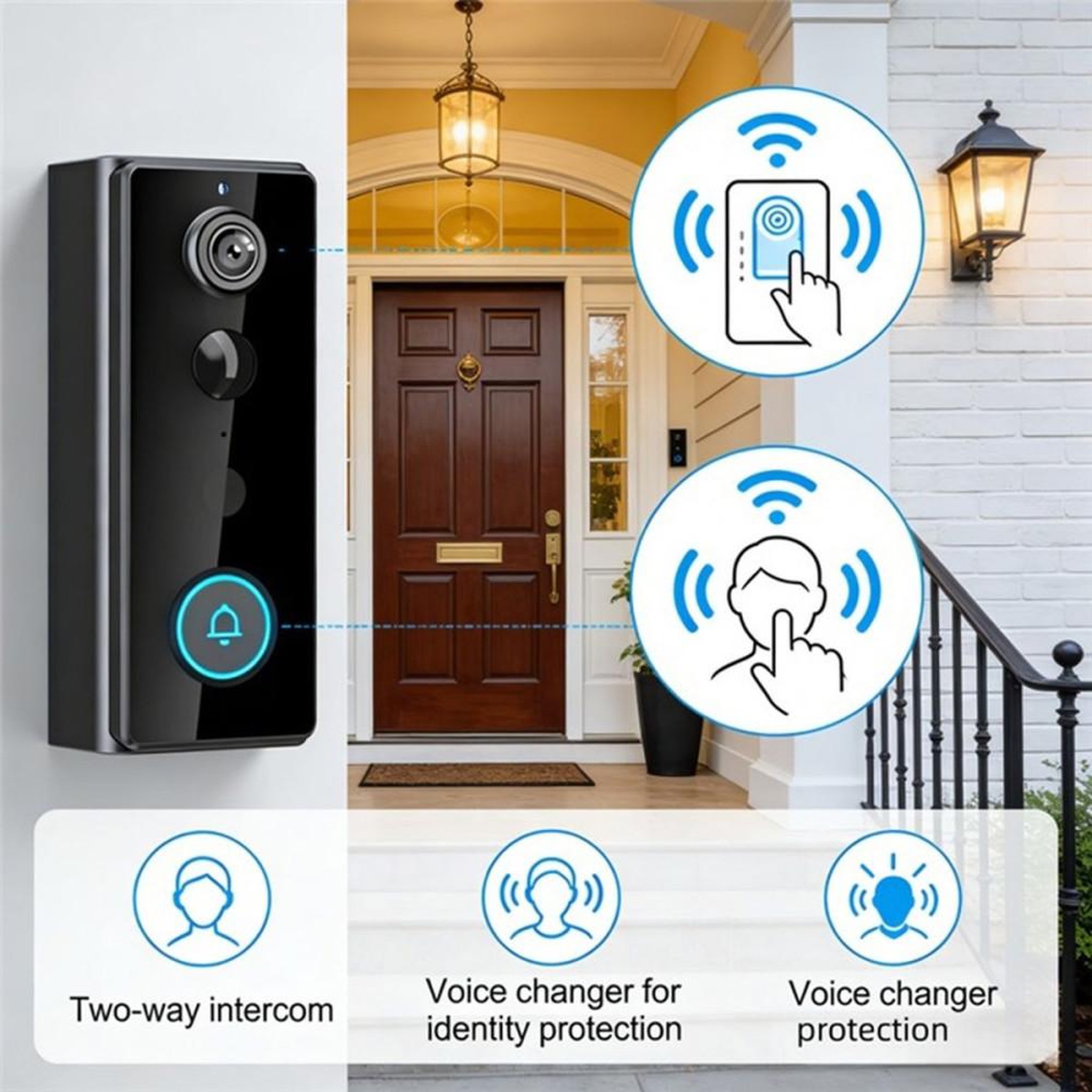 Voir la diapositive 4 : Carillon visiophone IP sans fil Ultra HD 166° noir avec détection PIR+IA, IP65, vision nocturne, audio bidirectionnel, stockage TF et carillon bleu