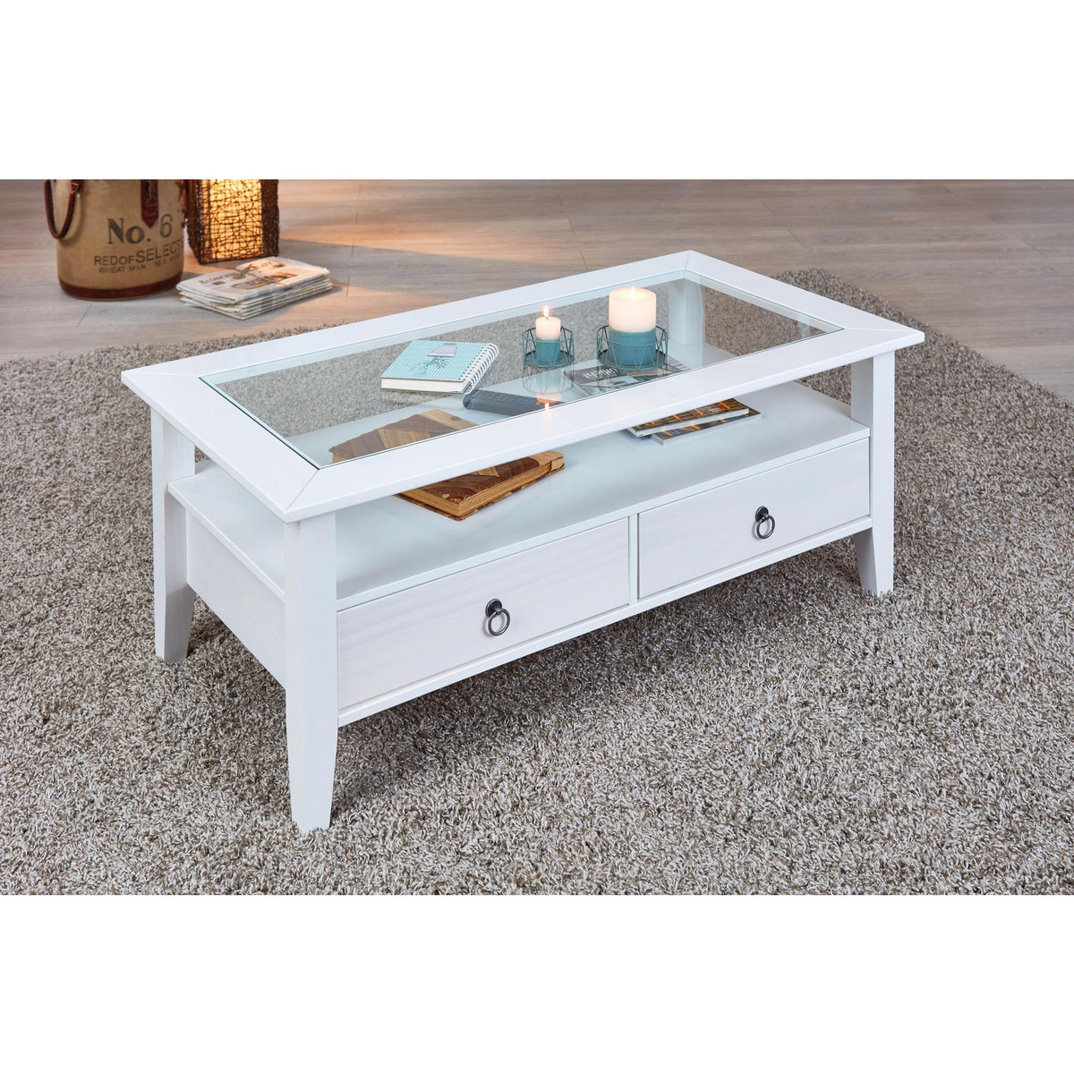Table basse rectangulaire en bois massif 2 tiroirs plateau verre L115cm CASSIS