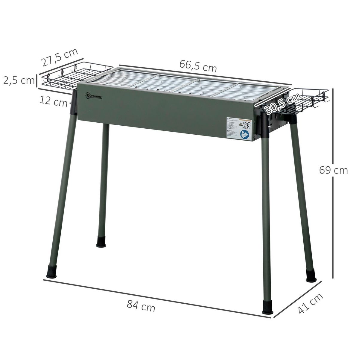 OUTSUNNY Barbecue à charbon portable - 2 grilles, 2 paniers latéraux - dim. 77L x 30l x 70H cm - acier émaillé vert