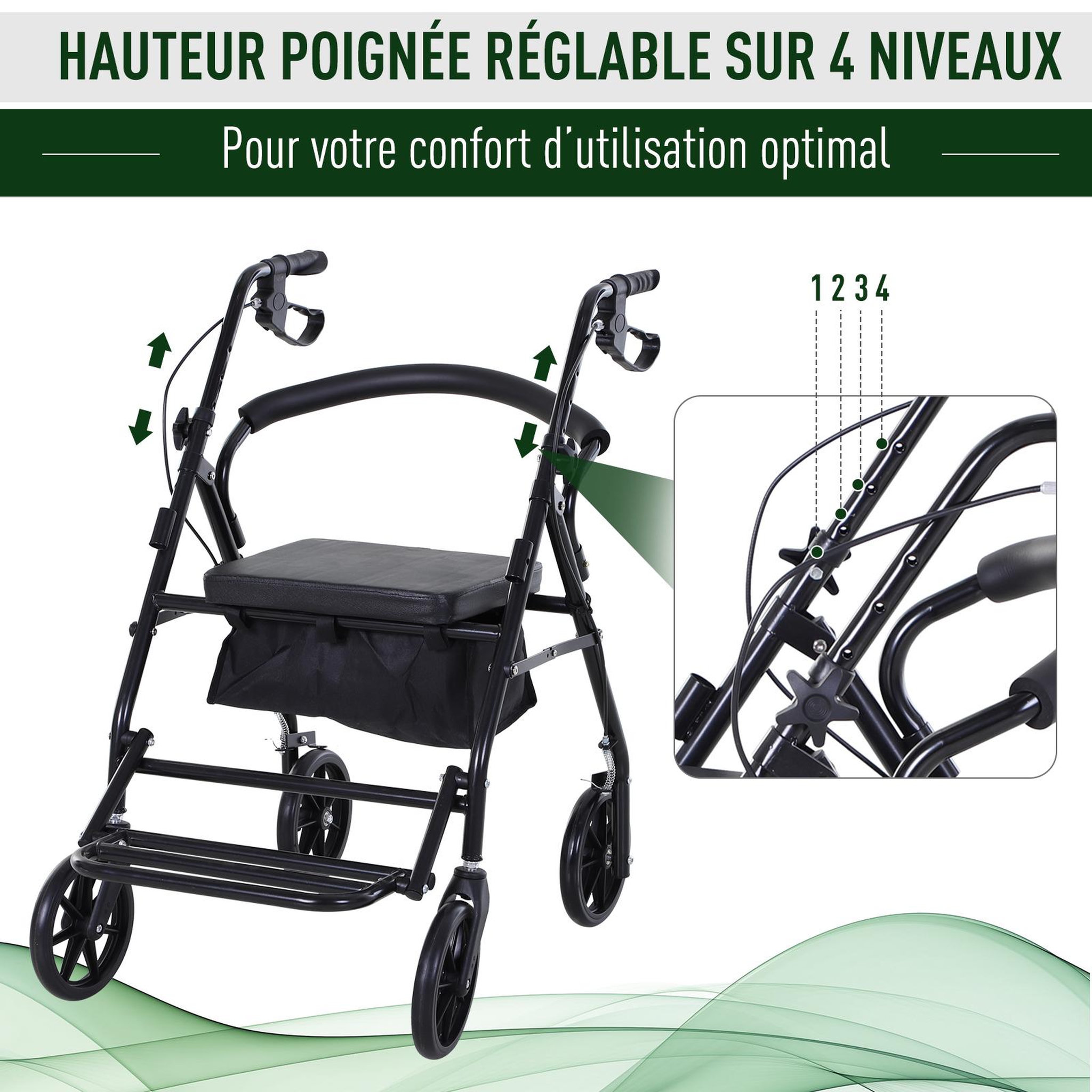 Voir la diapositive 5 : HOMCOM HOMCOM Déambulateur 4 roues - déambulateur pliable léger - assise + dossier rembourré  - poignées ergonomiques, freins à main - panier rangement - cale-pied - métal noir