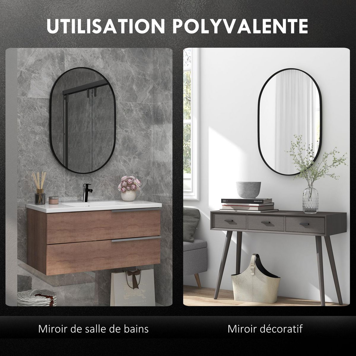 HOMCOM Miroir mural ovale dim. 60L x 90H cm cadre arrondi montage vertical/horizontal alu. noir