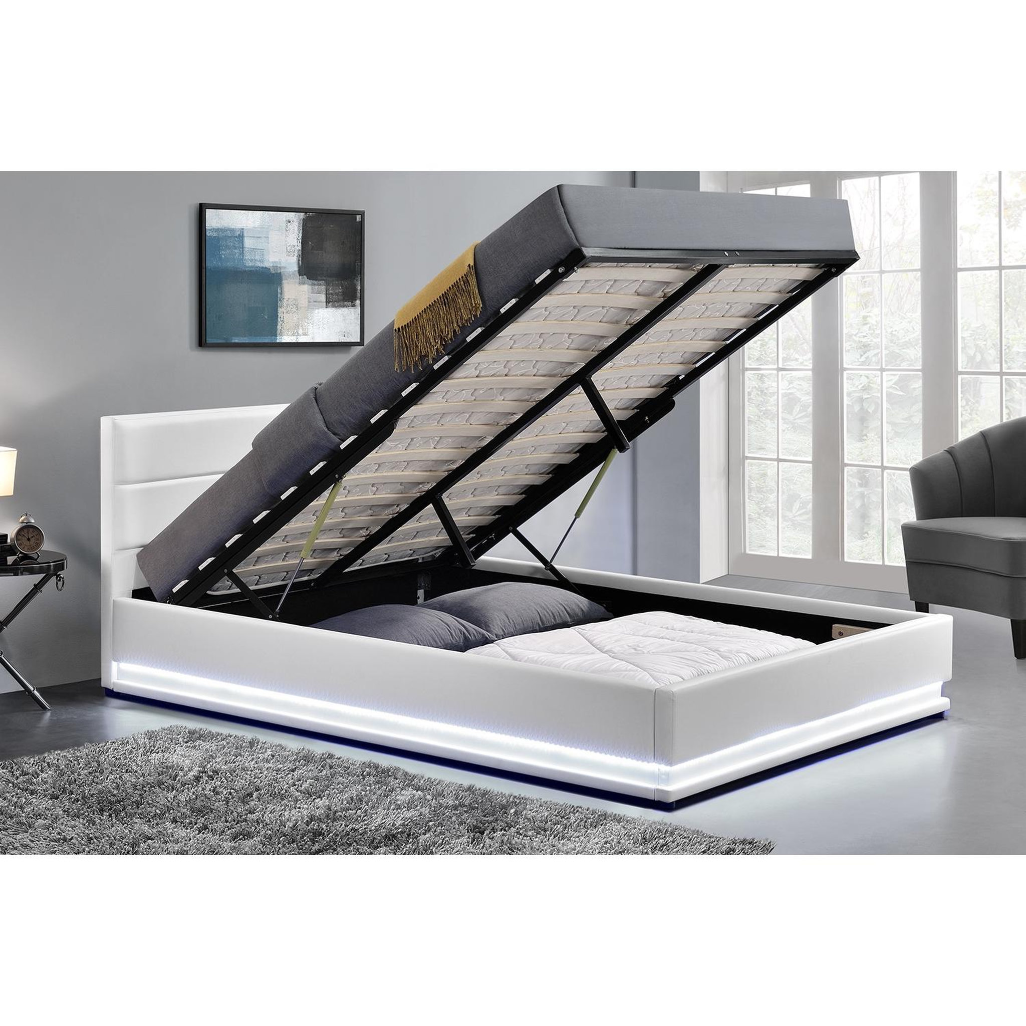 Voir la diapositive 3 : CONCEPT USINE Lit coffre avec led 140 x 190 cm blanc NEWYORK
