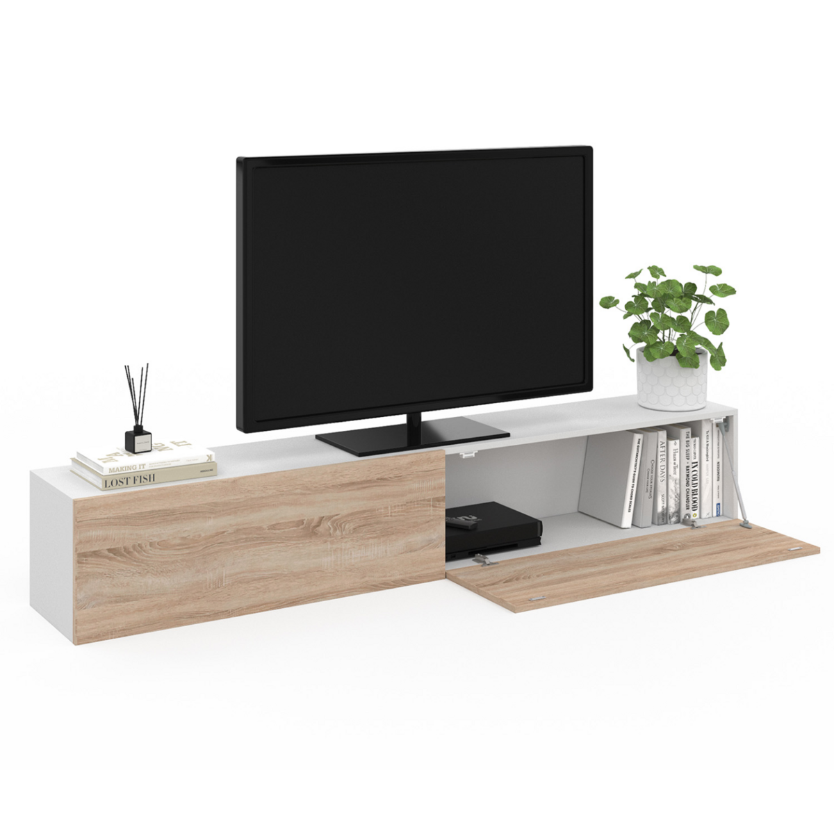 ID MARKET Meuble TV 180 cm suspendu ELIO 2 portes blanc et bois