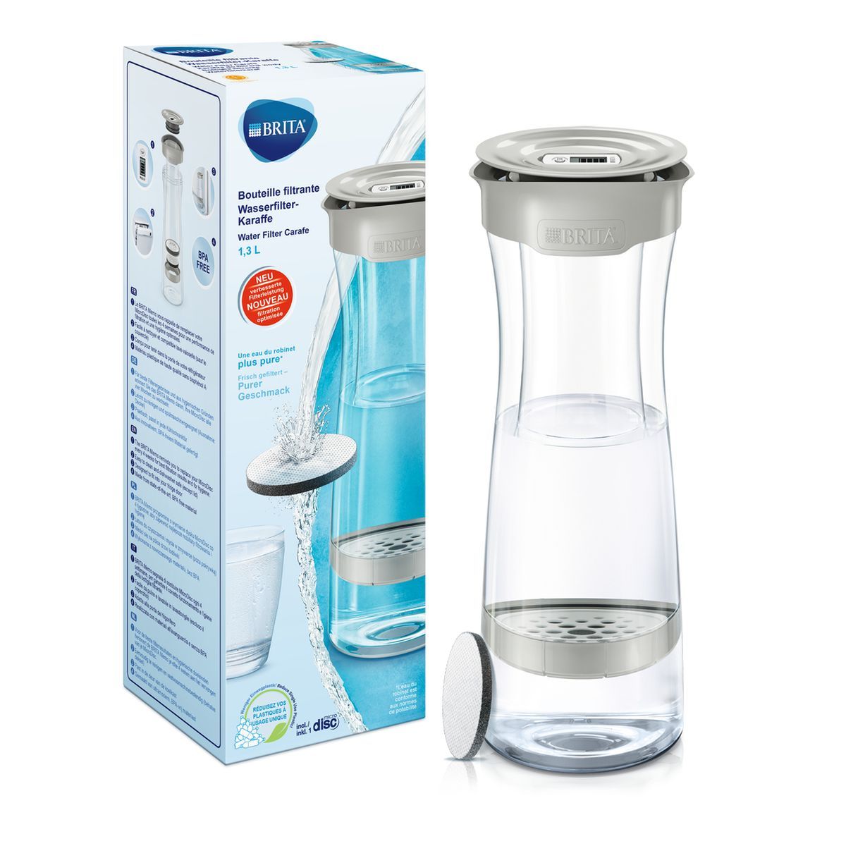 BRITA Bouteille filtrante gris pastel + 1 filtre MicroDisc inclus         