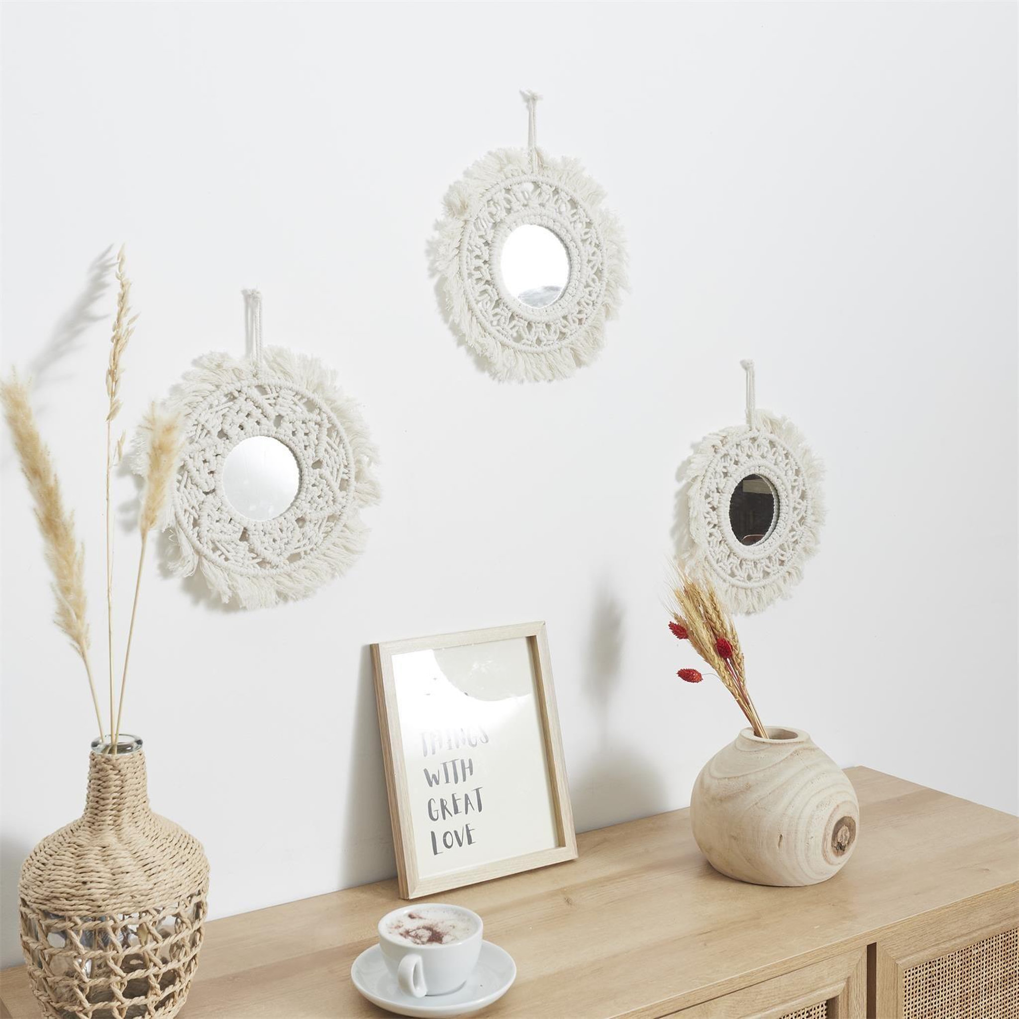 Voir la diapositive 4 : The Home Deco Factory Lot de 3 miroirs ronds bohème - Diam 28 Cm - Beige