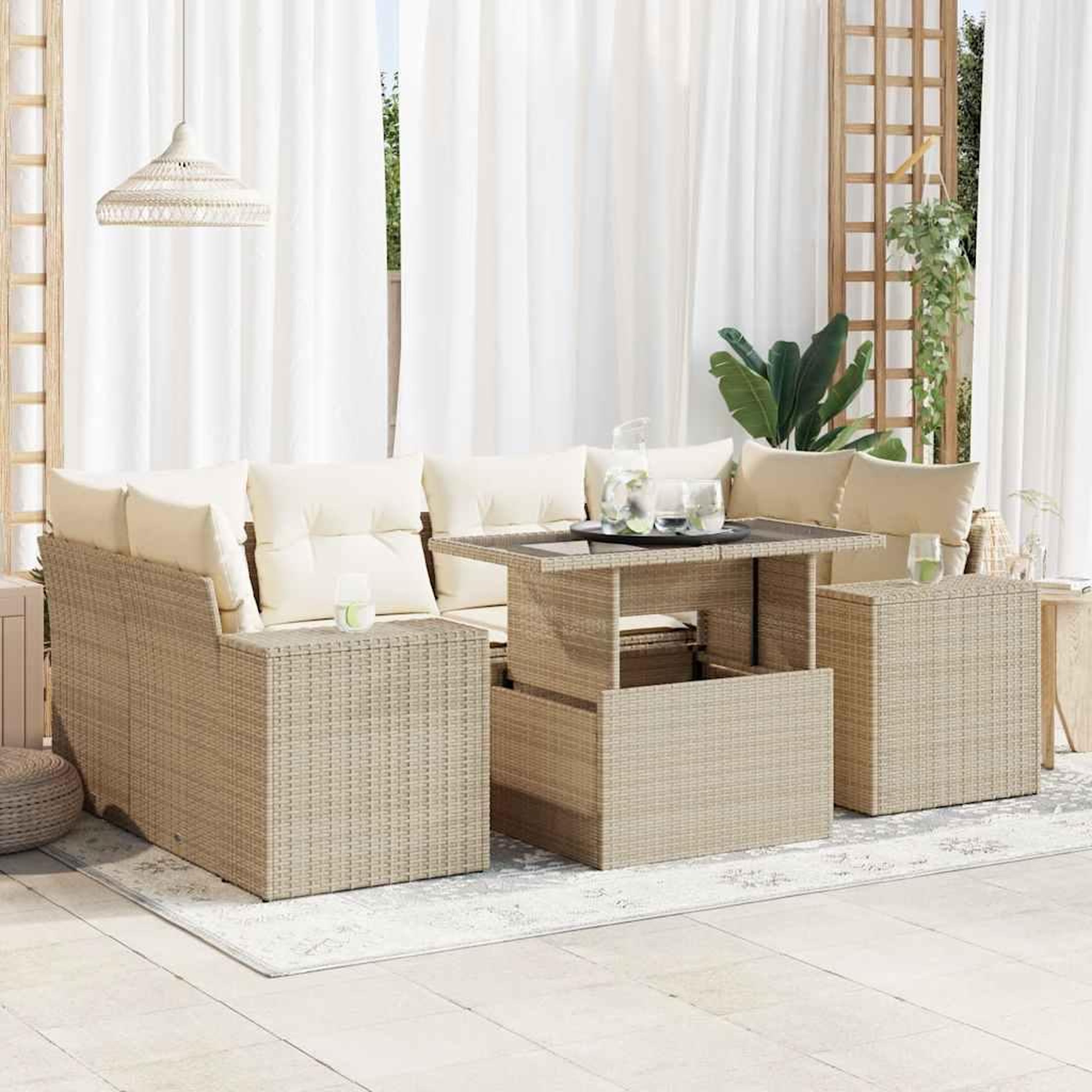 VIDAXL Salon de jardin avec coussins 7 pcs beige resine tressee