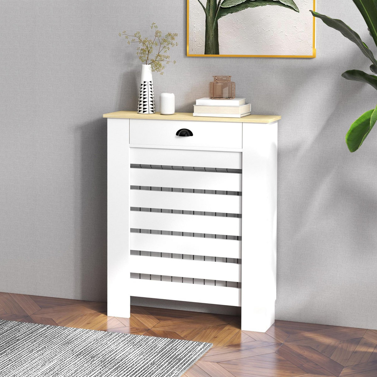 HOMCOM Cache-radiateur design panneau avec tiroir - grille d'aération horizontale à lattes - dim. 78L x 19l x 95H cm - MDF effet bois clair blanc
