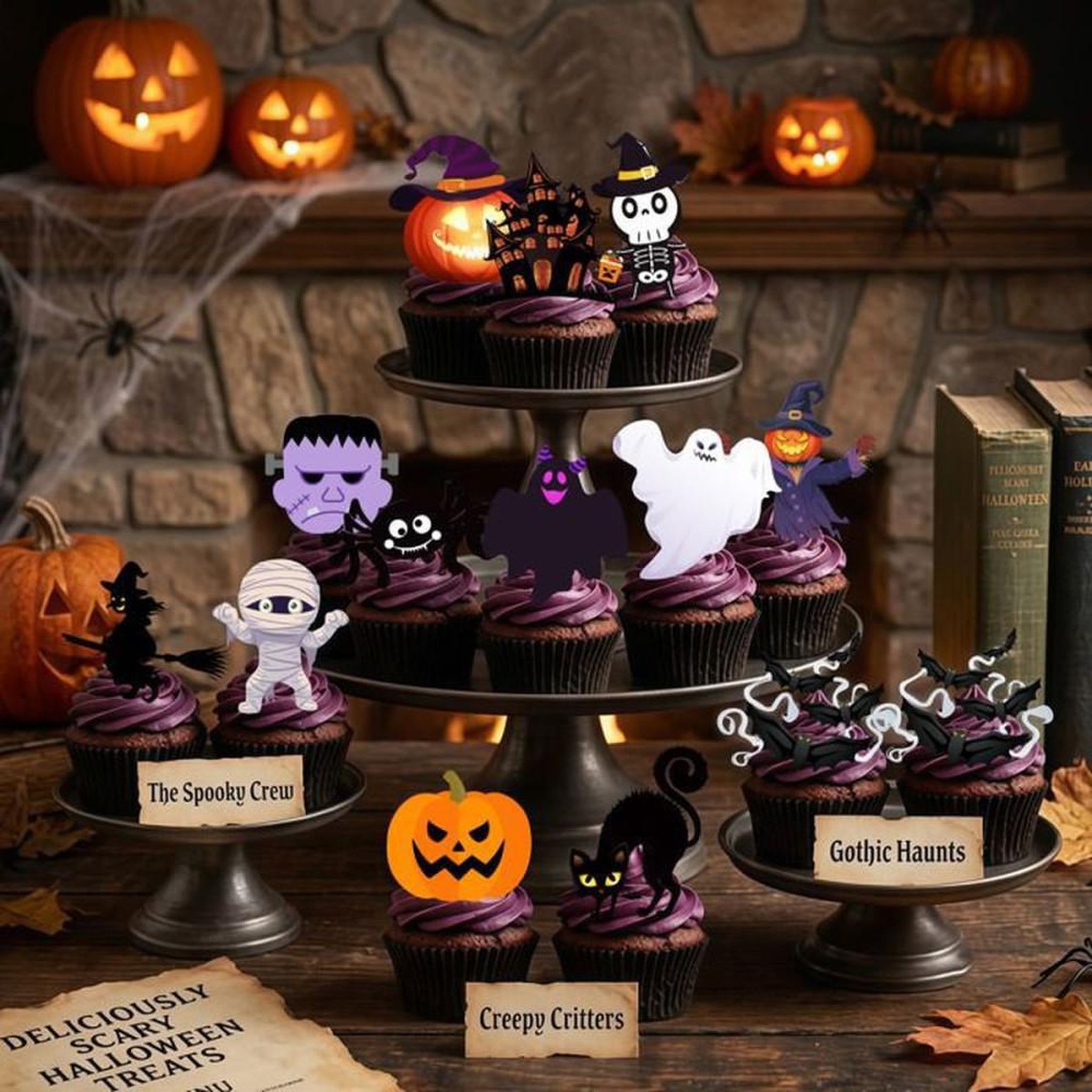 Voir la diapositive 3 : Décorations pour gâteau Halloween, mini toppers et petits drapeaux multicolores INBOXXARTY, 42 pièces