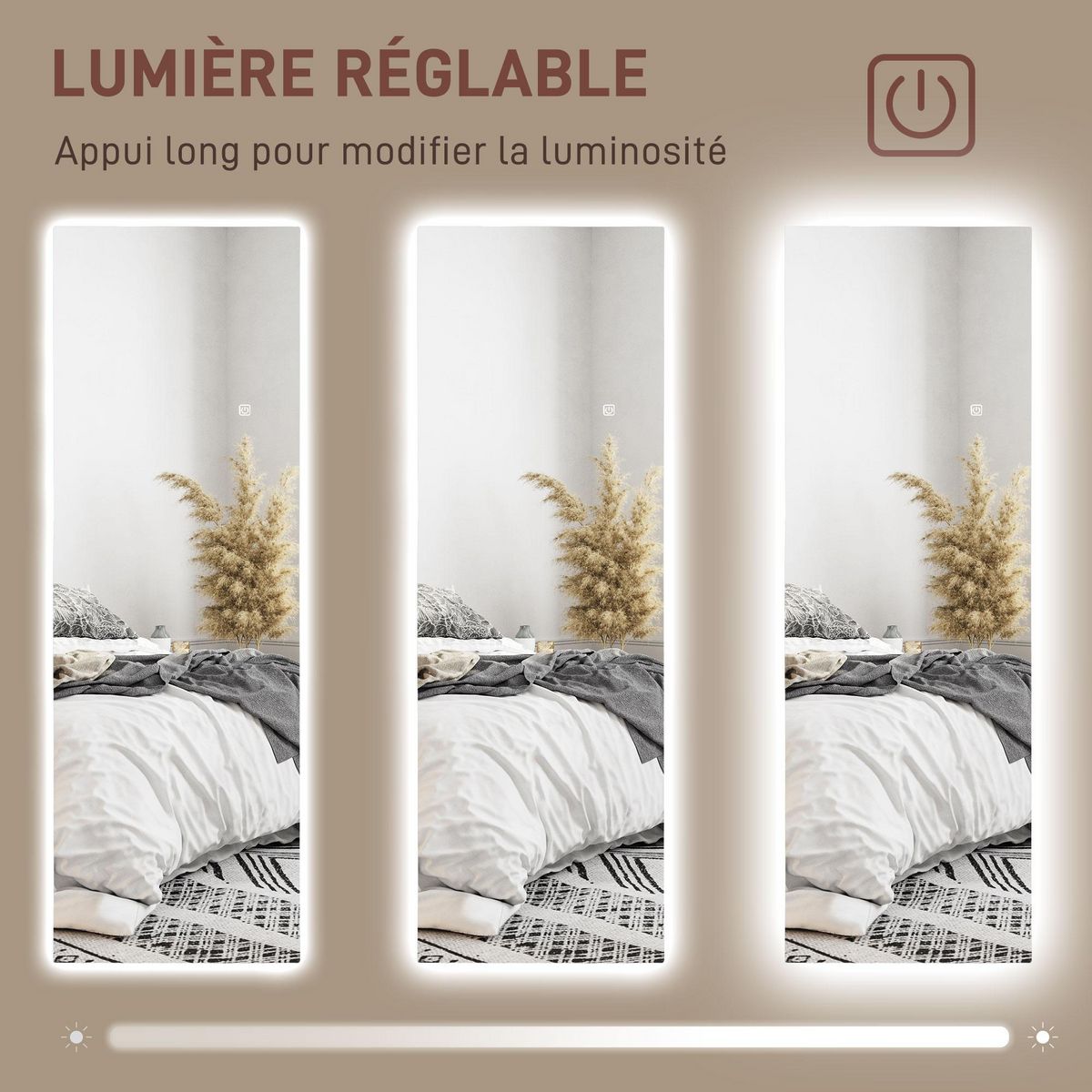 HOMCOM Miroir mural LED pleine longueur dim. 40L x 120H cm - miroir LED réglable tactile - verre trempé