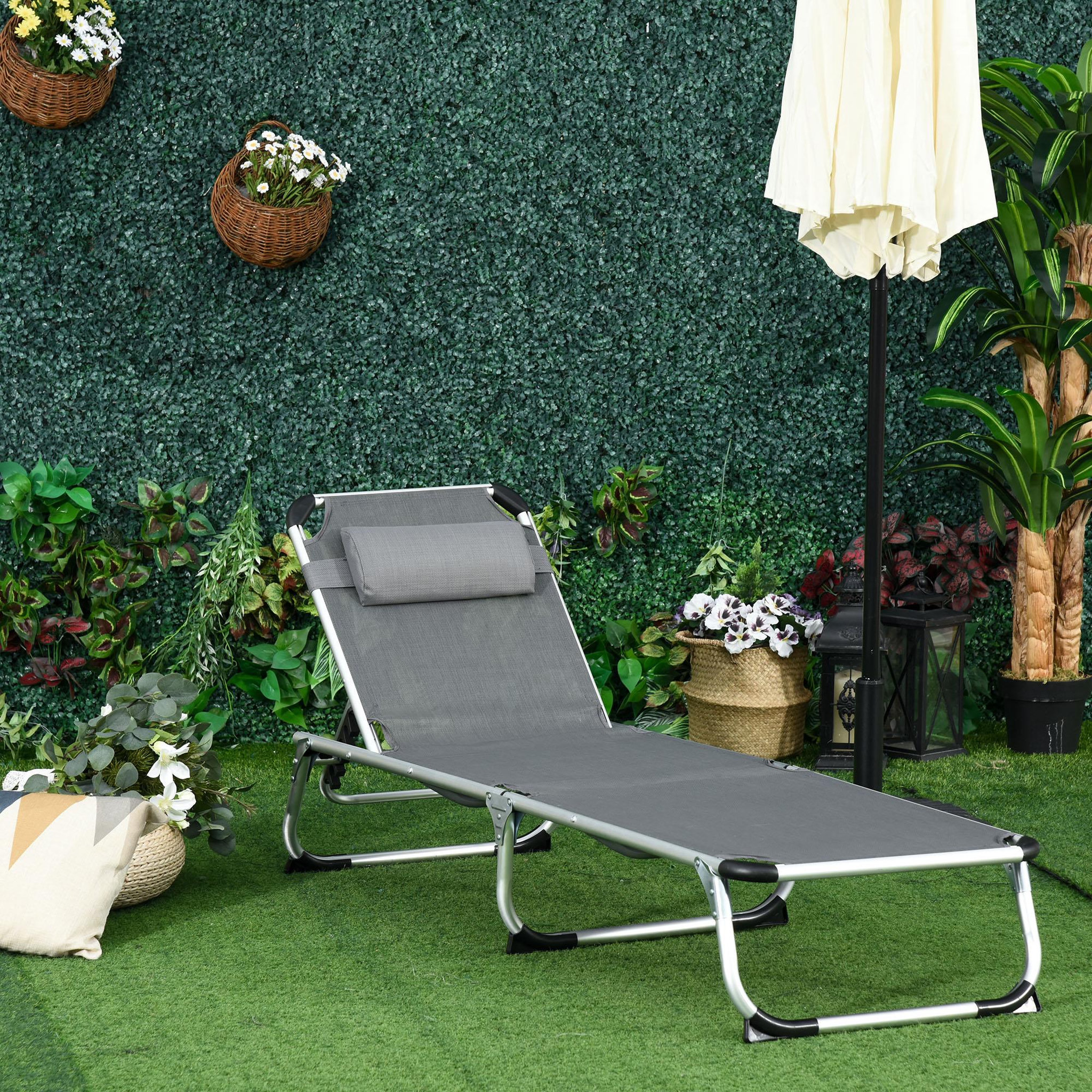 Voir la diapositive 2 : OUTSUNNY Bain de soleil transat pliable grand confort dossier réglable multi-position tétière alu. textilène gris