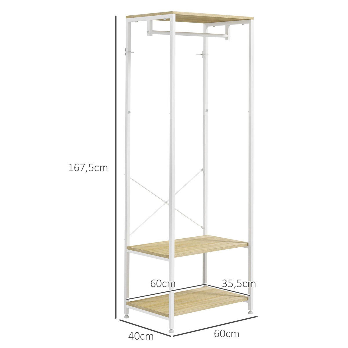 HOMCOM Penderie vestiaire d'entrée 2 étagères tringle acier blanc panneaux aspect bois clair