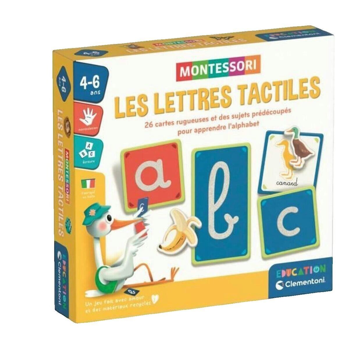 CLEMENTONI Montessori - Clementoni - Les lettres tactiles - Jeu éducatif pour apprendre l'alphabet - 26 cartes lettres rugeuses - Dés 3 a