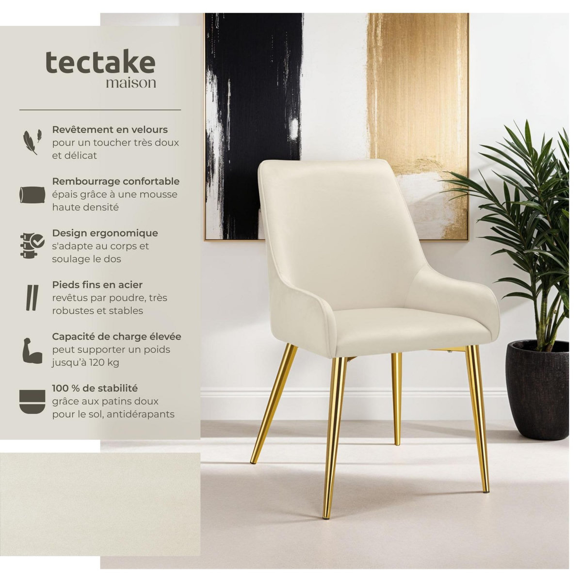 tectake Chaise rembourrée en velours rembourré beige Lot de 4