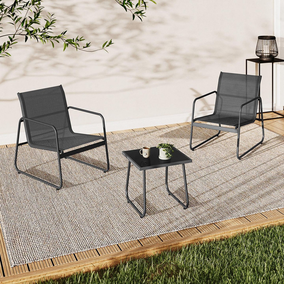 ID MARKET Salon de jardin bas MALAGA table et 2 fauteuils en acier et textilène gris anthracite