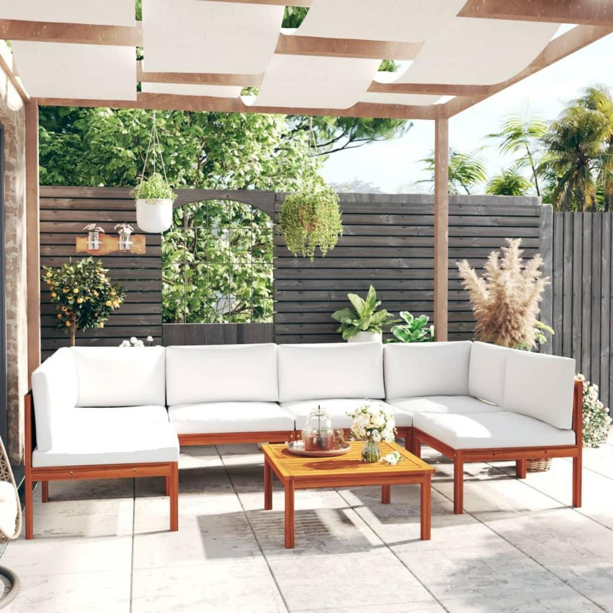 VIDAXL Salon de jardin 7 pcs avec coussins Creme Bois d'acacia solide