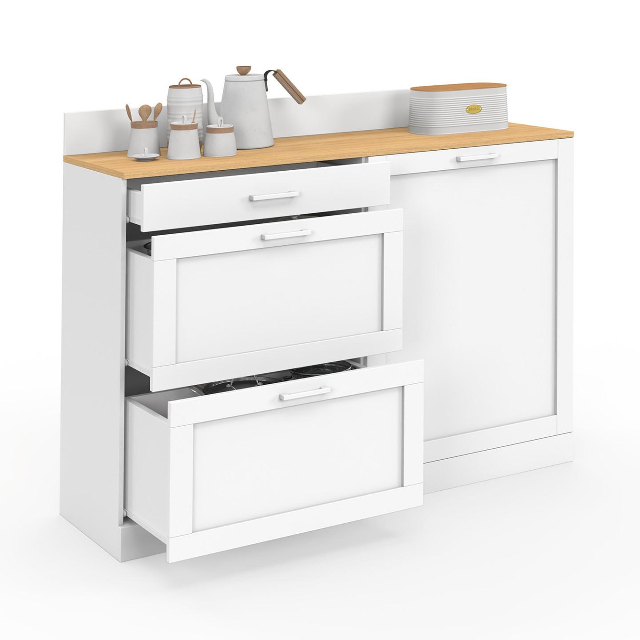 ID MARKET Buffet bas de cuisine 120 cm casserolier vito plan de travail h.83 cm 1 porte + 3 tiroirs blanc et plateau façon hêtre