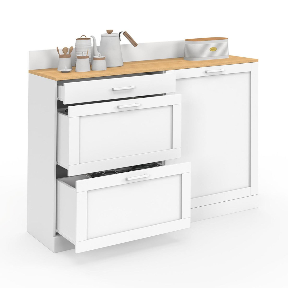 ID MARKET Buffet bas de cuisine 120 cm casserolier VITO plan de travail H.83 cm 1 porte + 3 tiroirs blanc et plateau façon hêtre