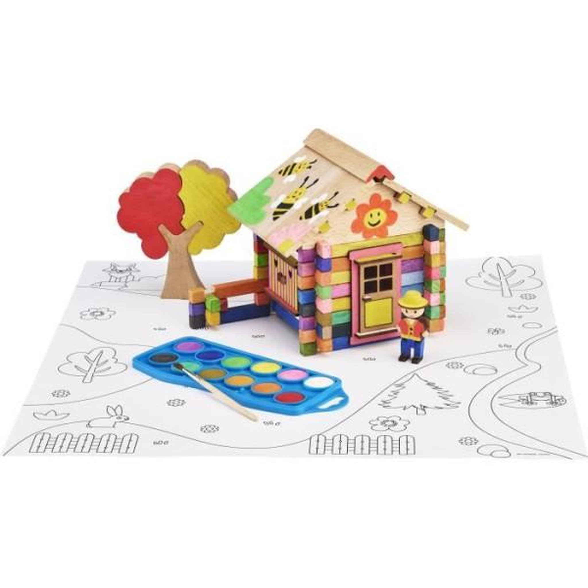 JeuJura Chalet a Peindre 85 Pieces - JEUJURA - Jeu de Construction en Bois Naturel, Accessoires et Peinture Inclus, 26x24x9 cm