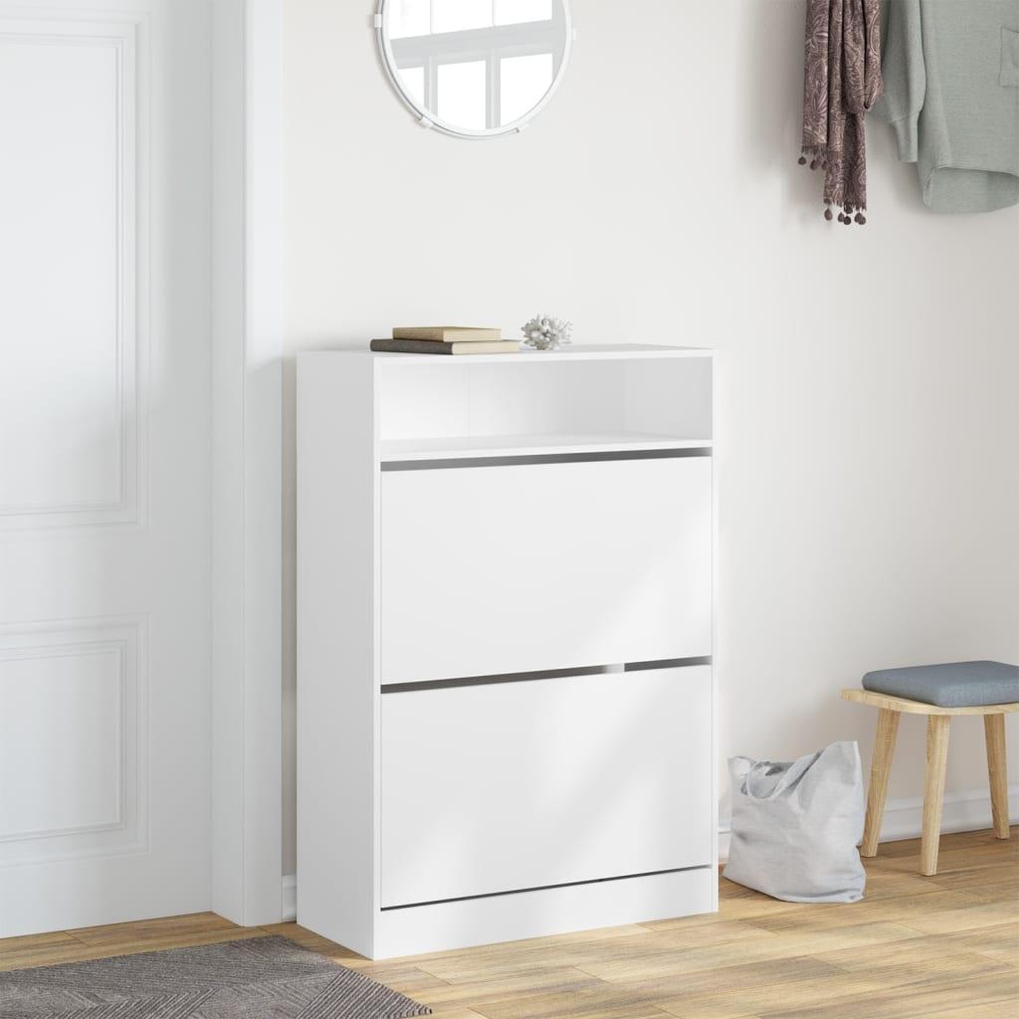 Voir la diapositive 3 : VIDAXL Armoire a chaussures 2 tiroirs rabattables blanc 80x34x116 cm