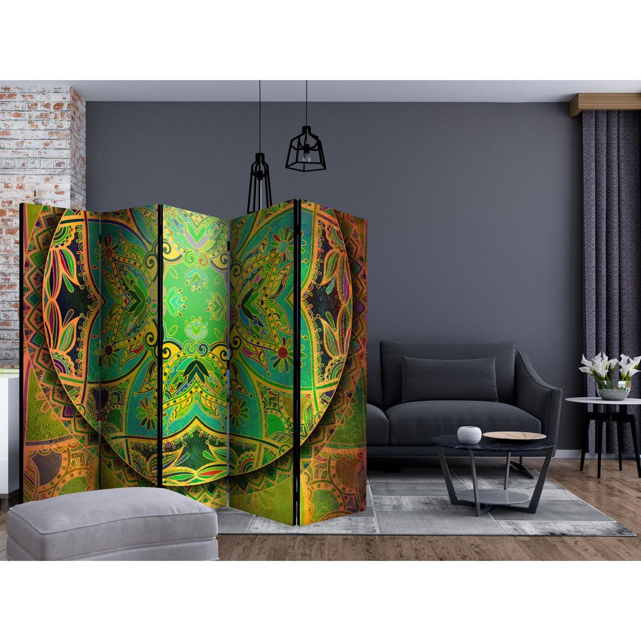 Voir la diapositive 2 : Paris Prix Paravent 5 volets  mandala : emerald fantasy  172x225cm
