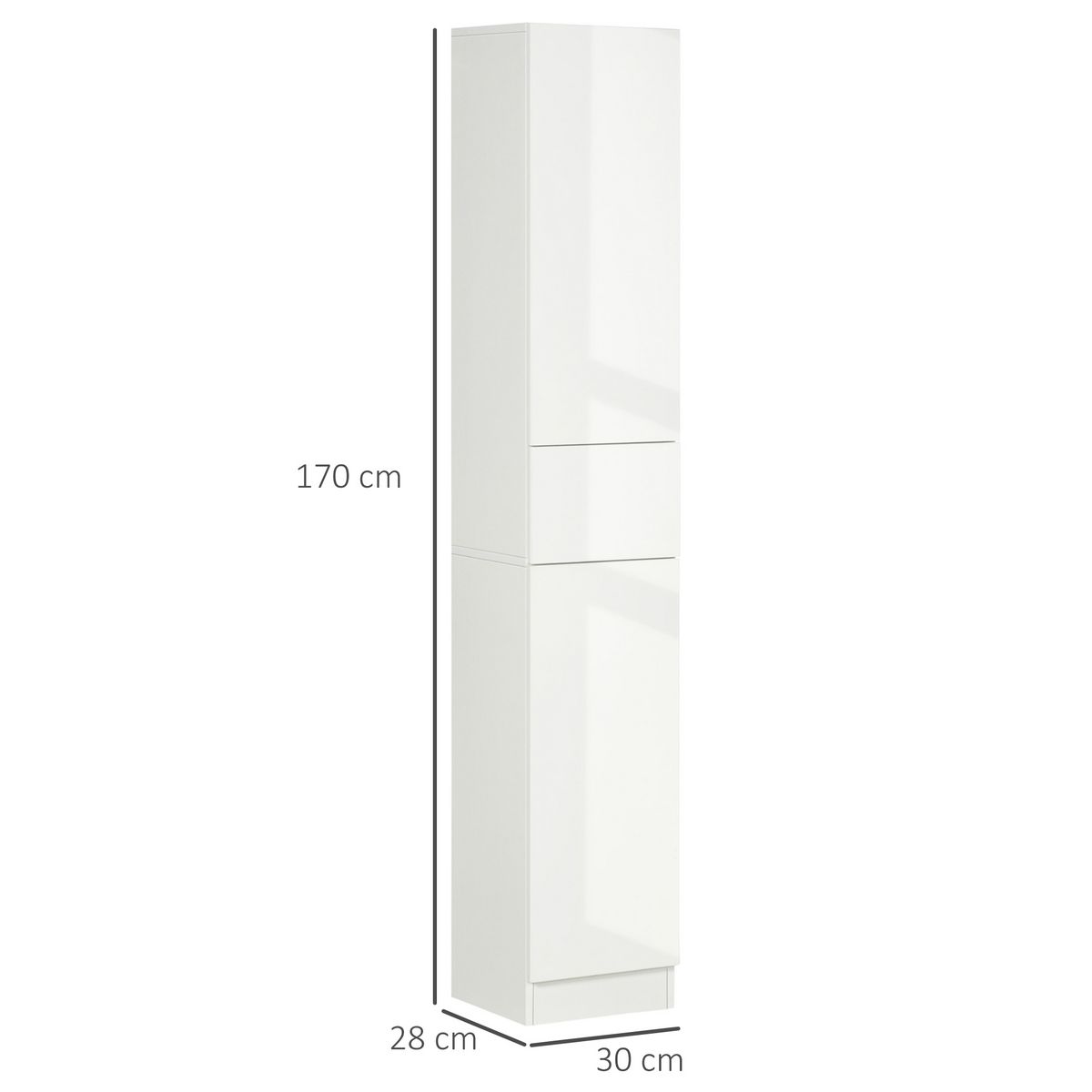 KLEANKIN Meuble colonne rangement salle de bain style contemporain façade laquée 2 portes 3 étagères tiroir panneaux MDF blanc