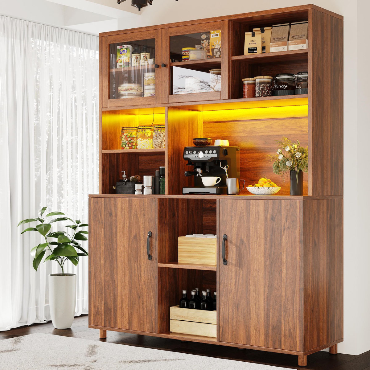 MERAX Buffet de cuisine 4 portes 0 tiroir - 120 cm noyer led mdf