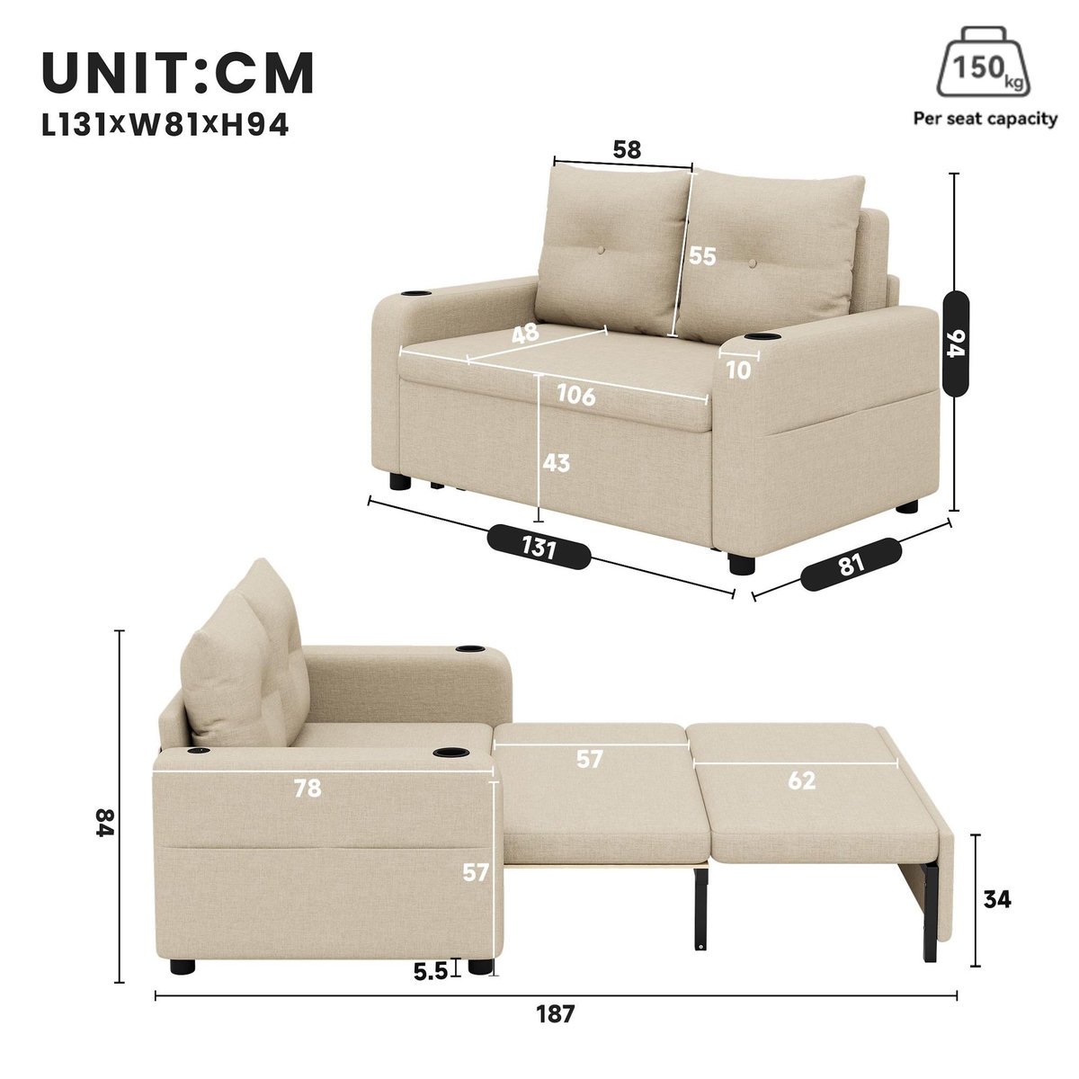 MERAX Canapé droit convertible 2 places coton et lin