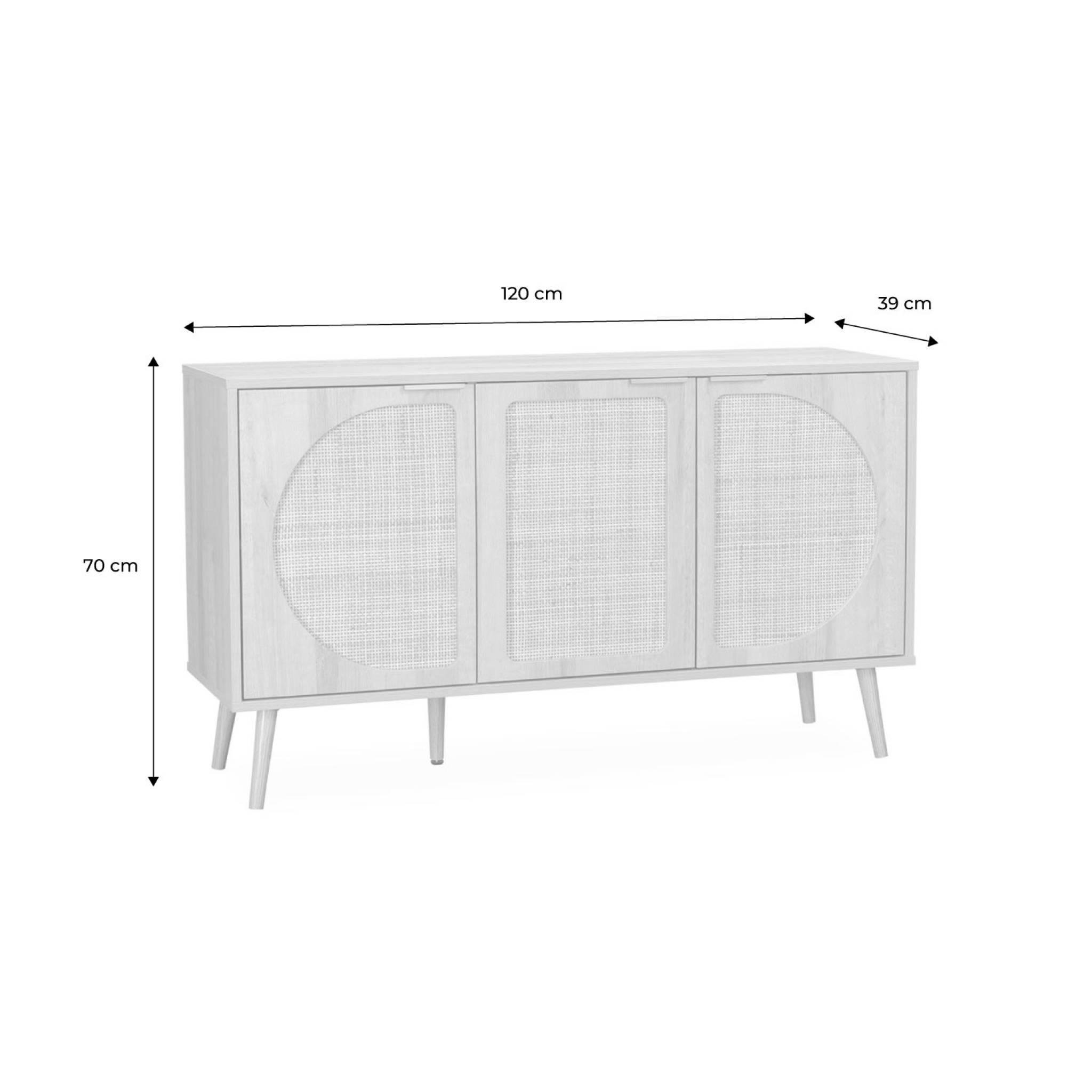 Voir la diapositive 4 : SWEEEK Buffet de rangement. Eva. cannage arrondis et décor bois. trois portes. deux niveaux . buffet bas. L 120 x l39 x H70cm
