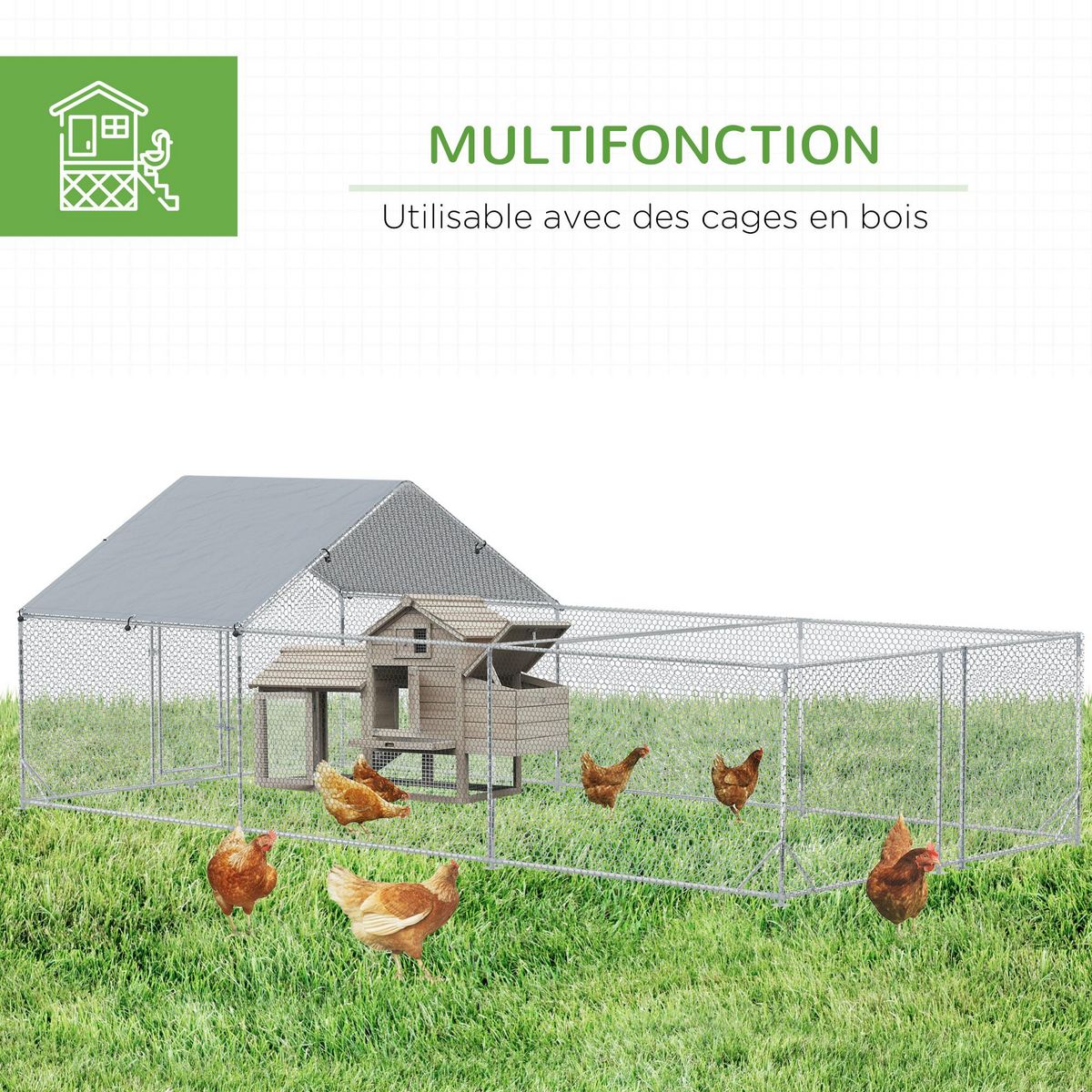 PAWHUT Enclos poulailler chenil 18 m² - parc grillagé dim 6L x 3l x 1,95H m - espace couvert - acier galvanisé
