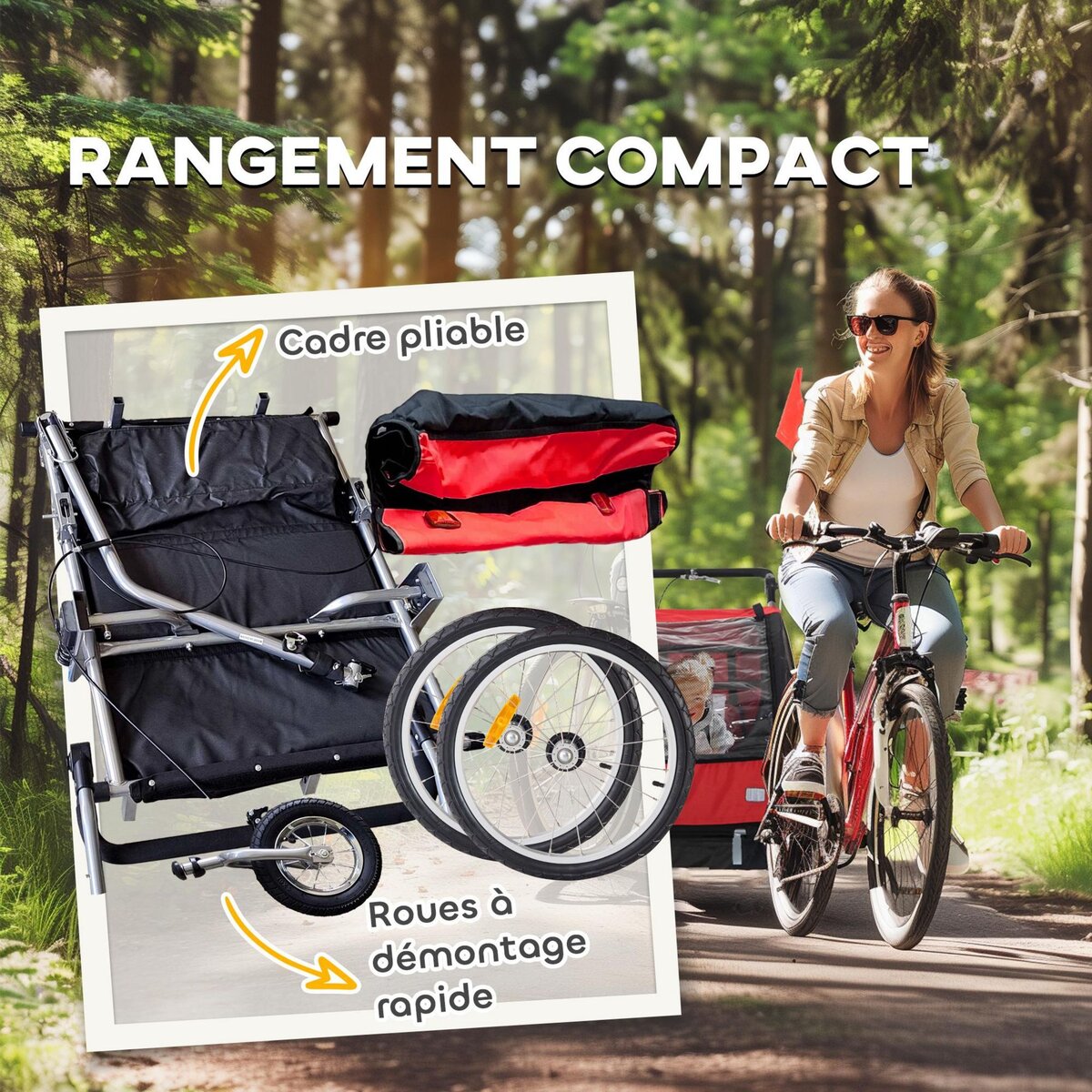 HOMCOM Remorque vélo jogger 2 en 1 enfant drapeau roue avant pivotante réflecteurs barre d'attelage inclus noir rouge