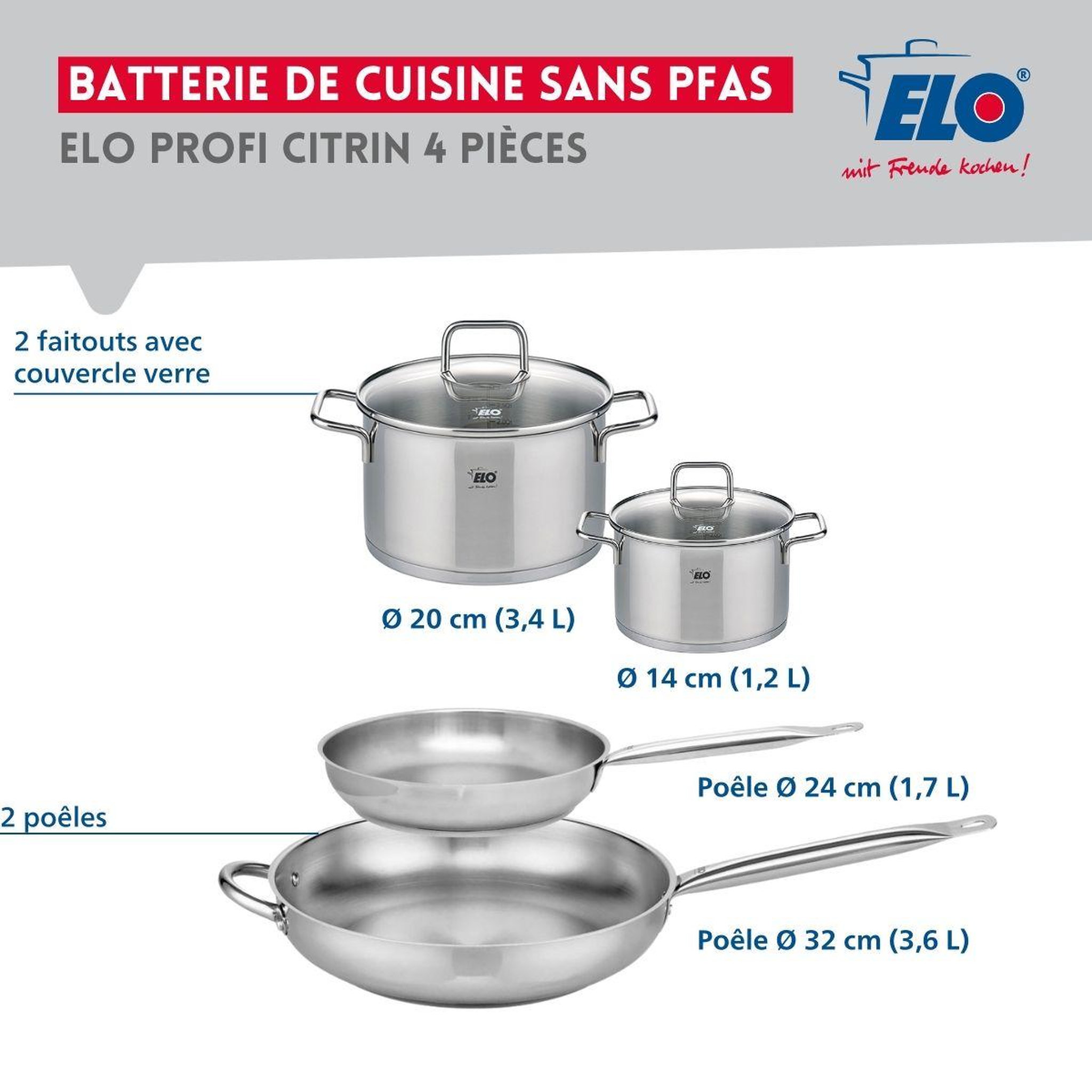 Voir la diapositive 2 : ELO Ensemble de 2 poêles de cuisson 24 et 32 cm et 2 faitouts 14 et 20 cm elo profi citrin