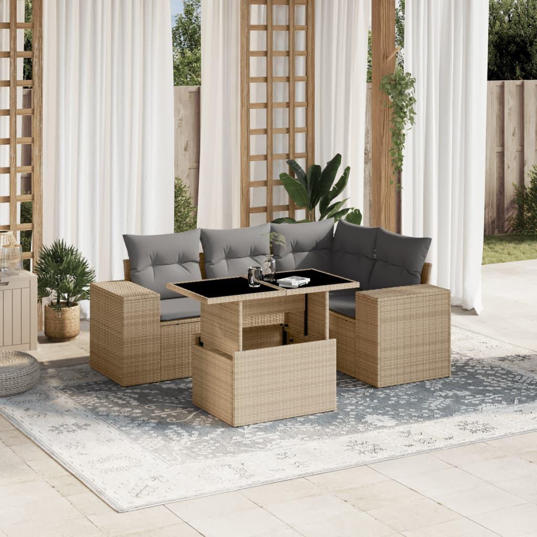VIDAXL Salon de jardin avec coussins 5 pcs beige resine tressee