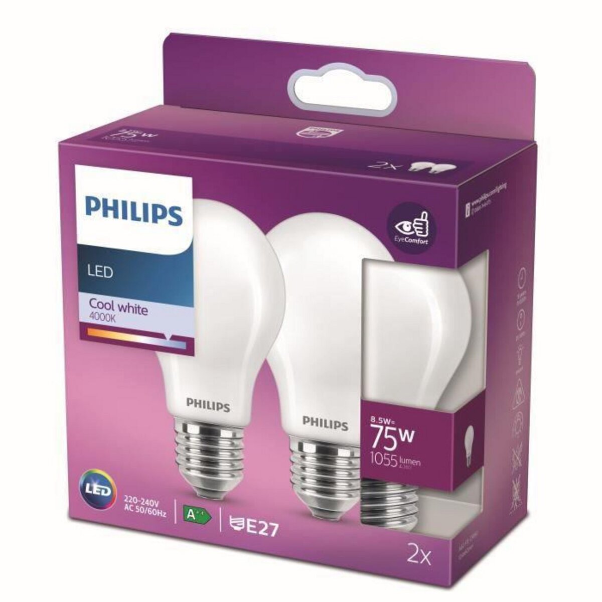 Philips ampoule LED Equivalent 75W E27 Blanc froid non dimmable, verre, lot  de 2 pas cher 