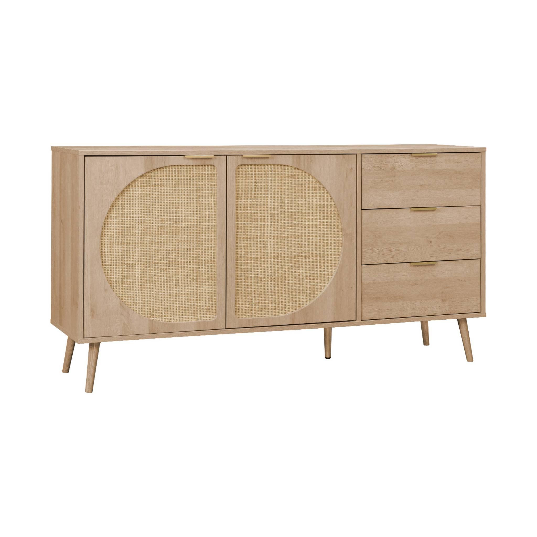 Voir la diapositive 1 : SWEEEK Buffet de rangement. Eva.  décor bois et cannage arrondi. 2 portes 3 tiroirs. buffet bas. L 150 x l 39 x H 79cm