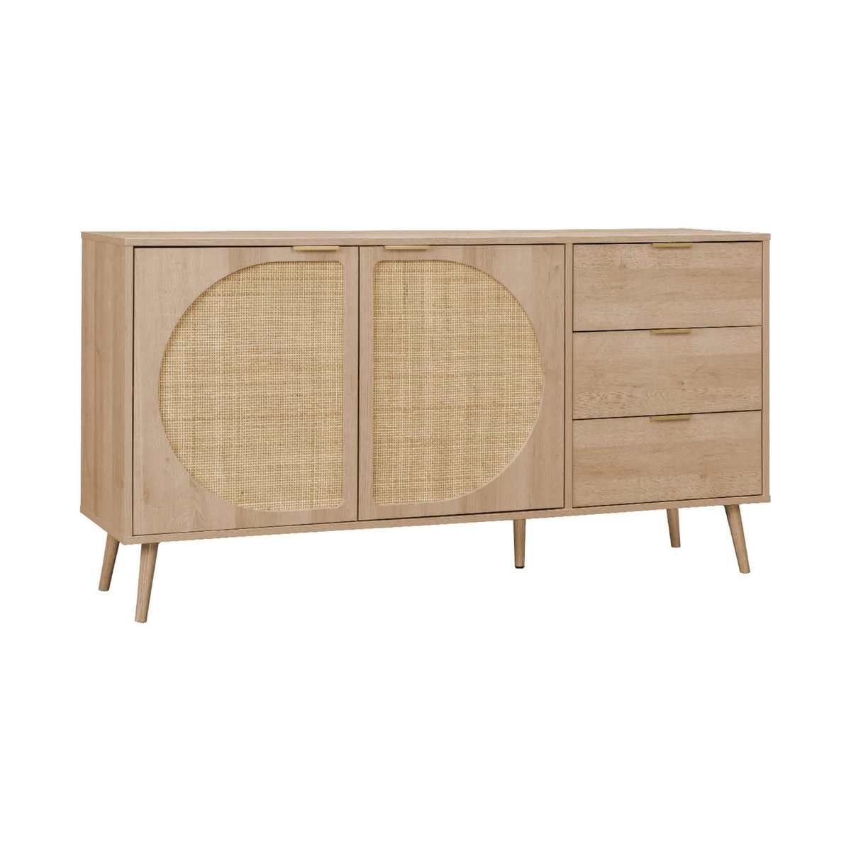 SWEEEK Buffet de rangement. Eva.  décor bois et cannage arrondi. 2 portes 3 tiroirs. buffet bas. L 150 x l 39 x H 79cm