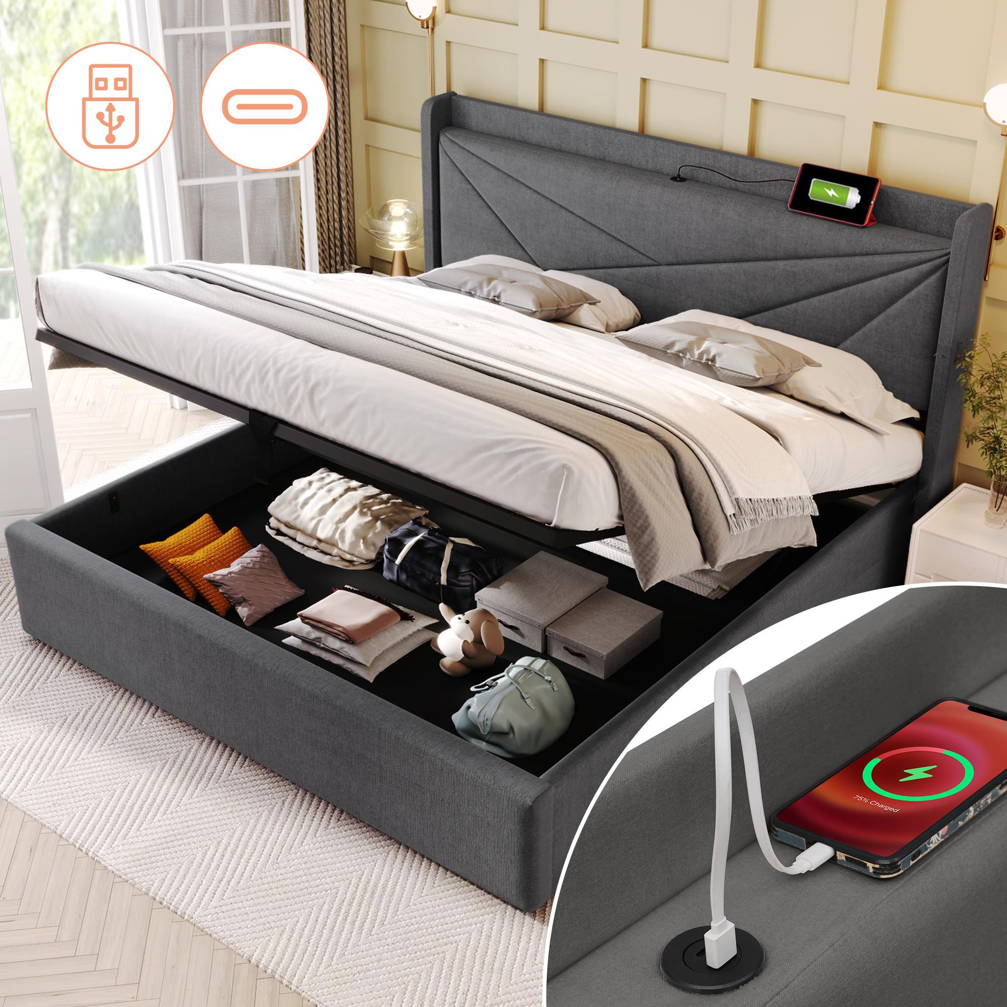 Voir la diapositive 2 : MERAX Lit coffre avec sommier et USB Lin