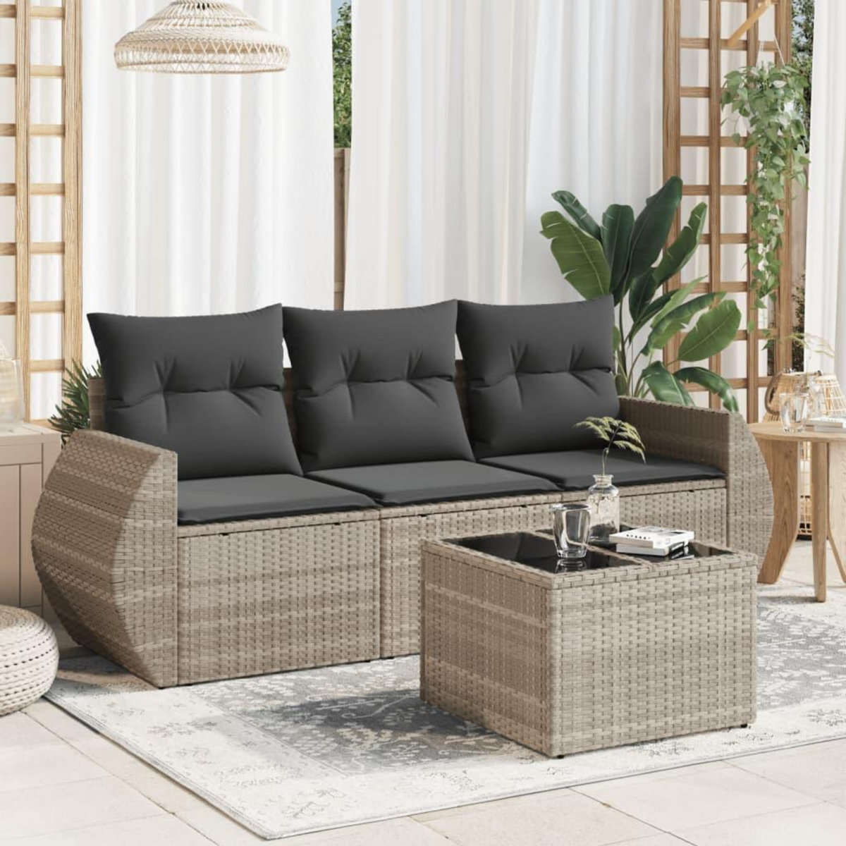VIDAXL Salon de jardin 4 pcs avec coussins gris clair resine tressee