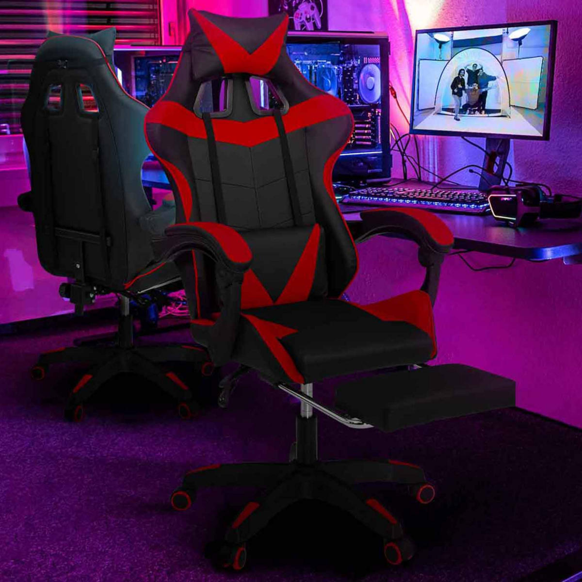 ID MARKET Fauteuil de gaming ALEX réglable avec repose-pied, coussin de tête et coussin lombaire noir et rouge
