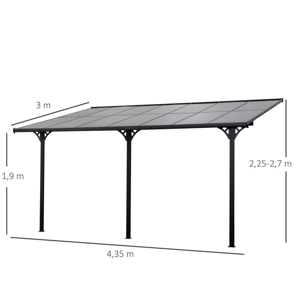 OUTSUNNY Pergola rigide alu. polycarbonate dim. 4,35L x 3l x 2,7H m pavillon de jardin adossable gris