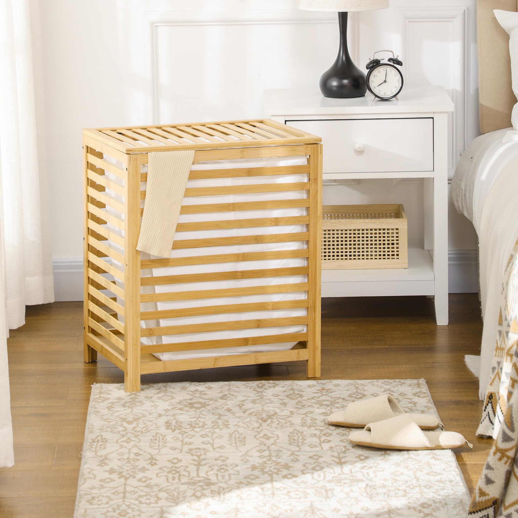 Voir la diapositive 2 : HOMCOM Panier à linge - sac en tissu amovible, couvercle - dim. 50l x 36l x 60h - bois bambou verni