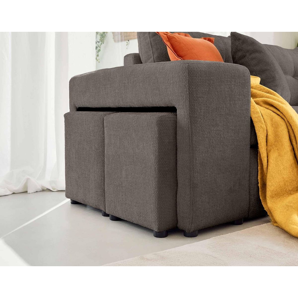 BEST MOBILIER California - canapé d'angle réversible 4 places - convertible avec coffre, étagère et poufs - en velours texturé
