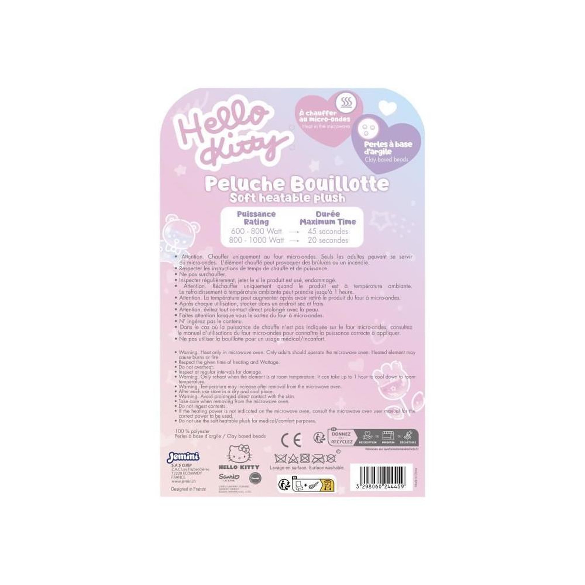 Voir la diapositive 5 : JEMINI Peluche bouillote - HELLO KITTY - JEMINI - Douce - 21 cm