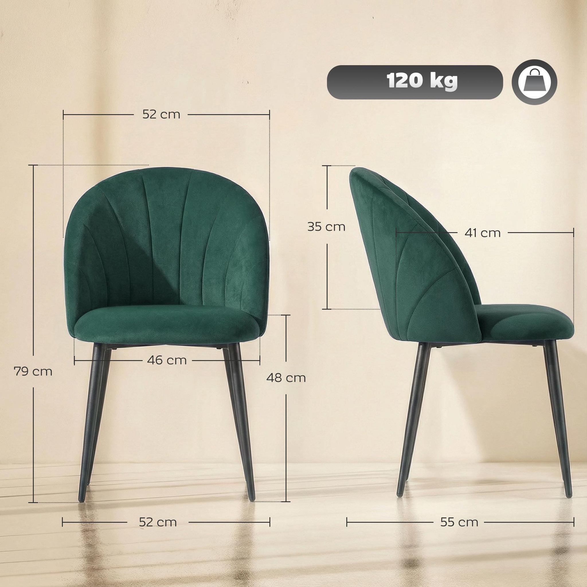 Voir la diapositive 3 : HOMCOM Lot de 2 chaises de salle à manger pieds en acier tissu velours vert