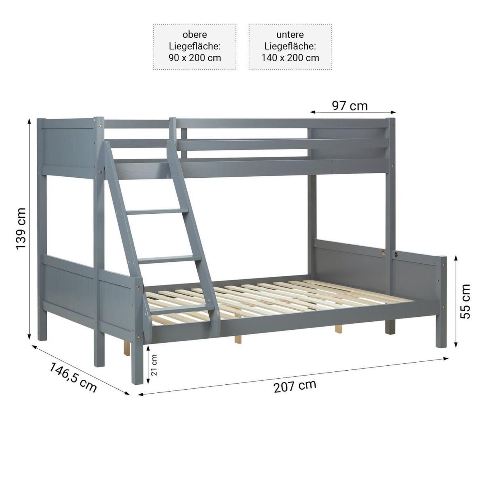 Voir la diapositive 2 : HomeStyle4U Lit Superposé 90x200 et 140x200 cm gris
