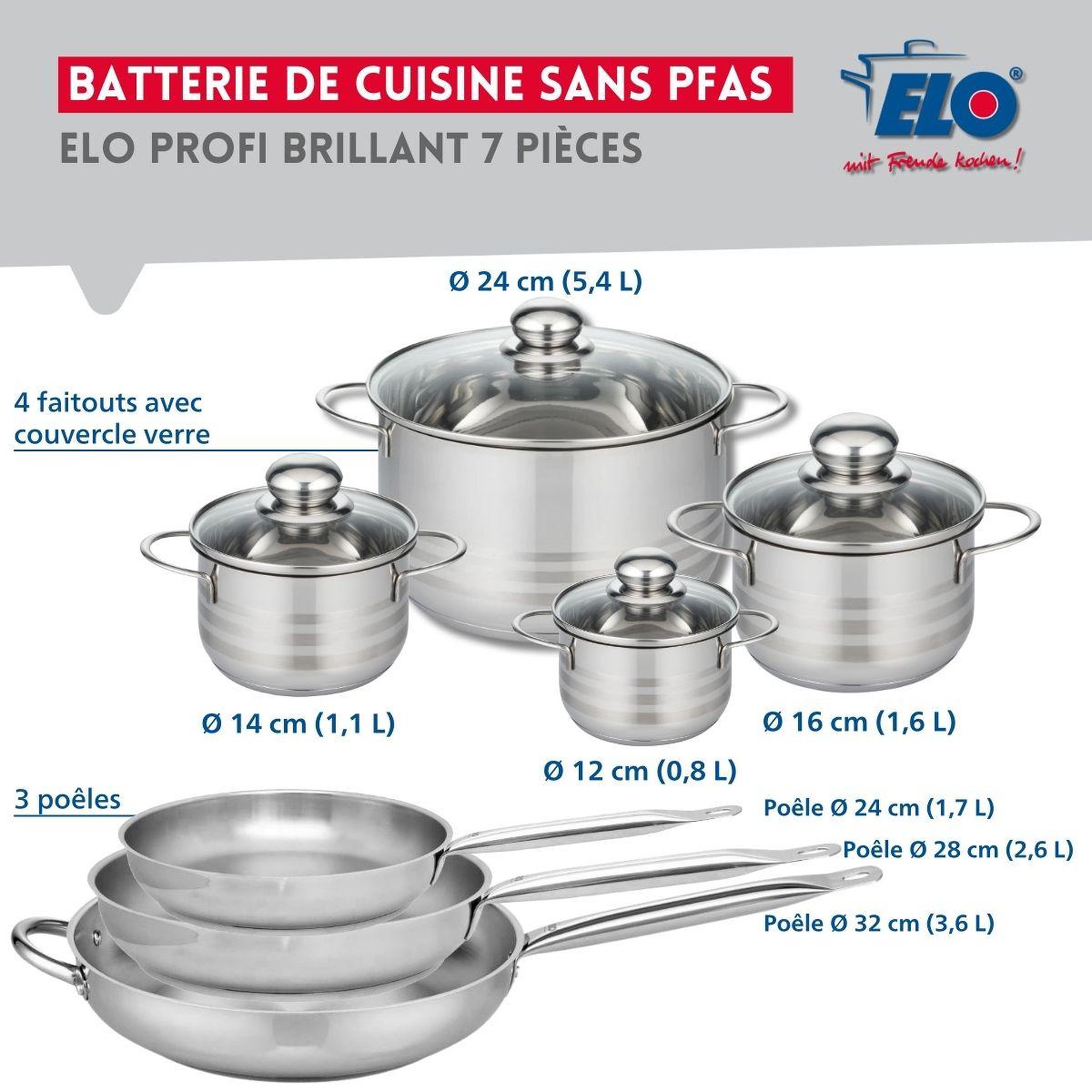 Voir la diapositive 2 : ELO Ensemble de 3 poêles de cuisson 24, 28 et 32 cm et 4 faitouts 12, 14, 16 et 24 cm elo profi brillant
