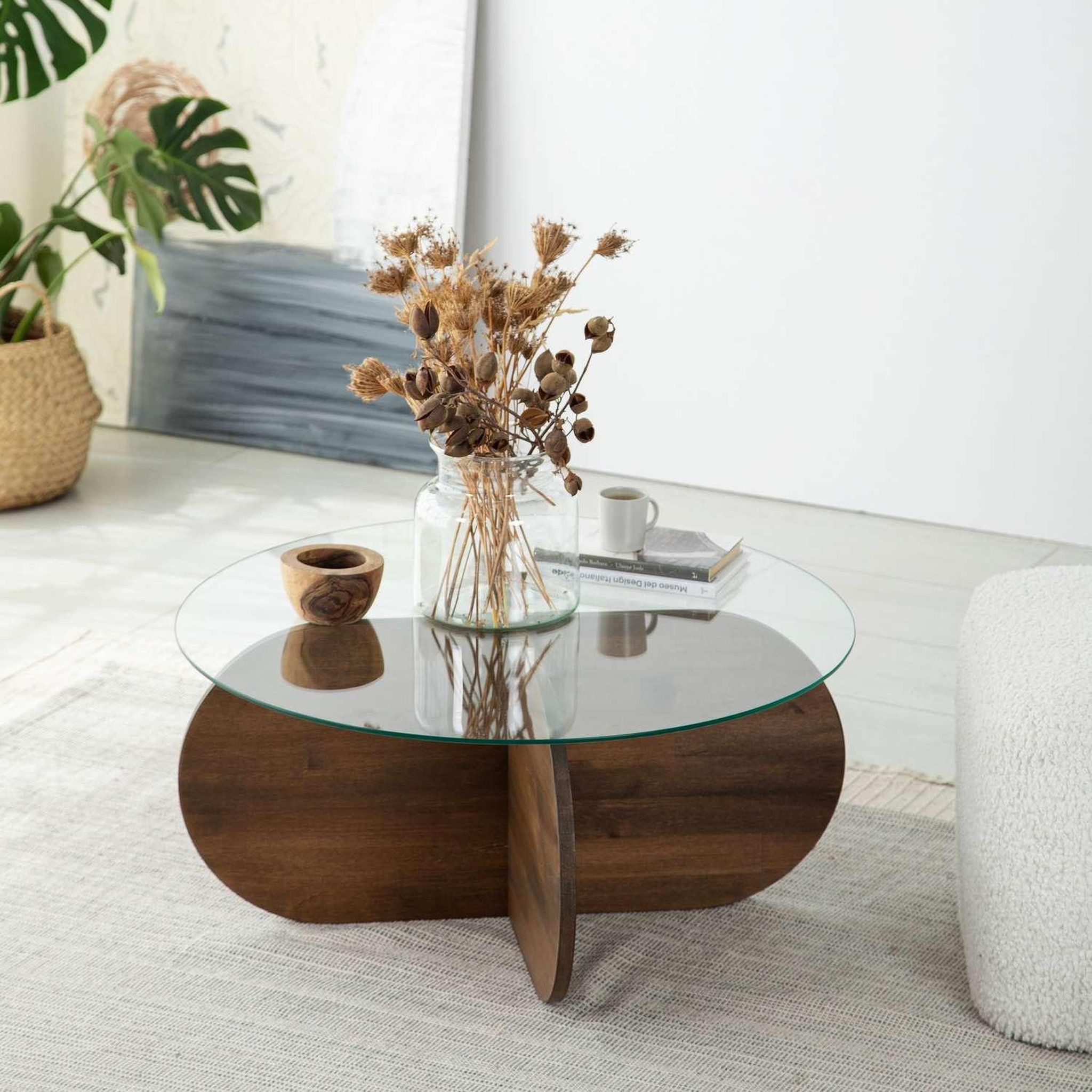 Voir la diapositive 2 : TOILINUX Table basse ronde luminix en verre et bois massif - marron foncé
