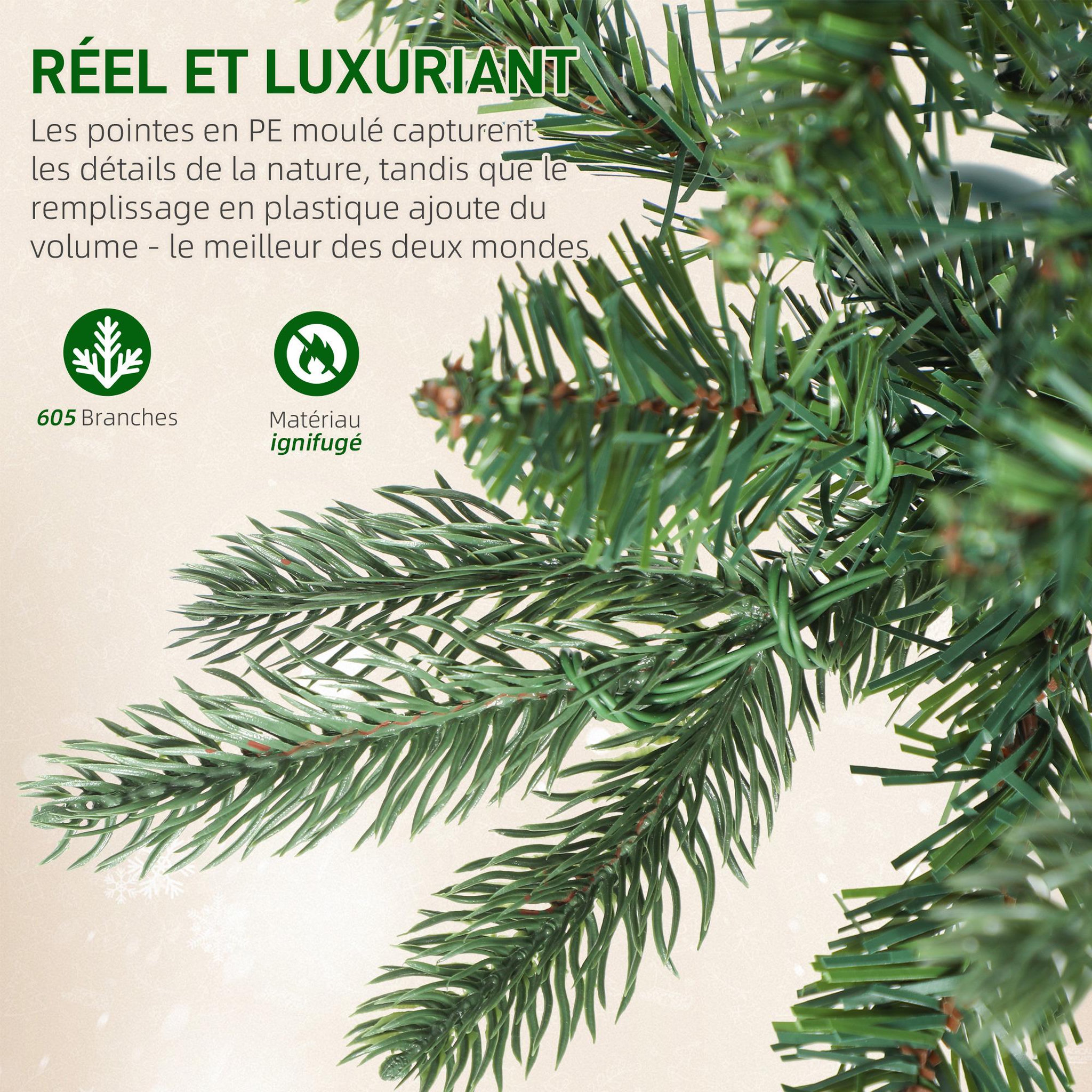 Voir la diapositive 6 : HOMCOM Sapin de noël artificiel led x 200 blanc chaud 8 modes h.180 cm 605 branches support vert