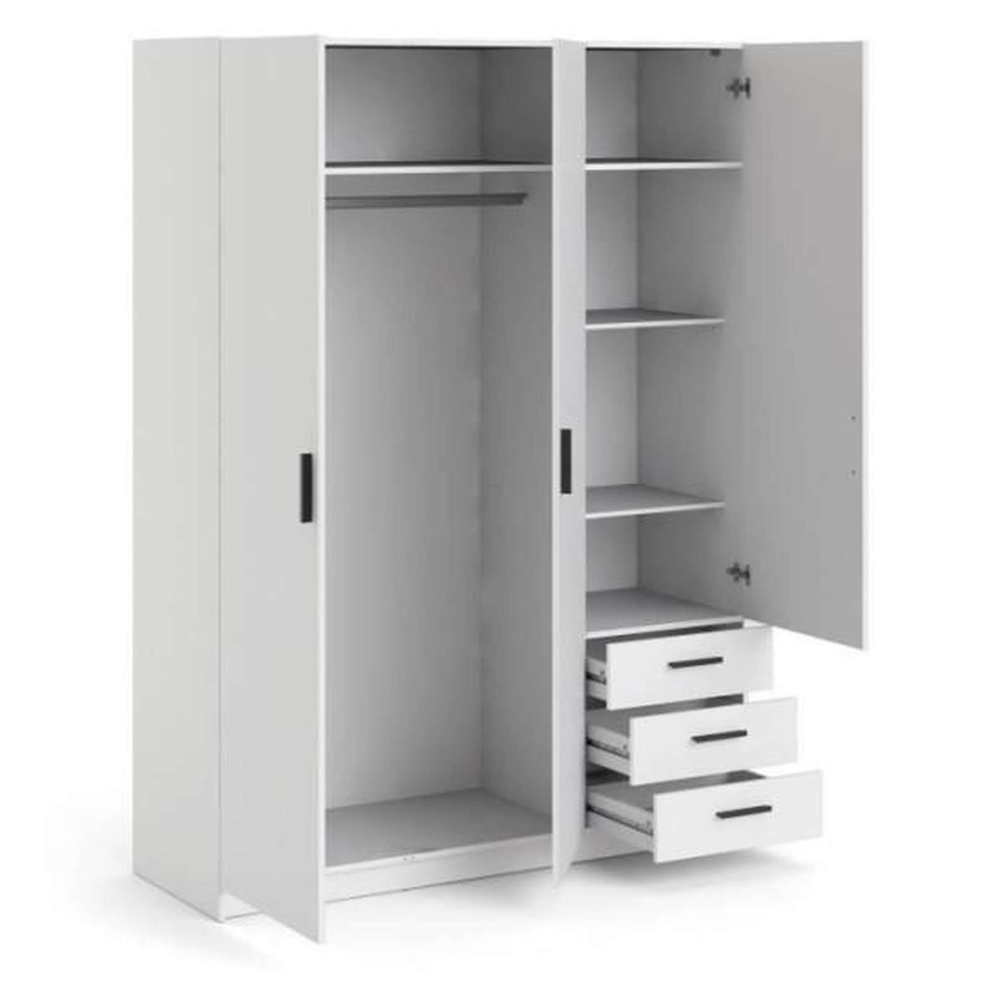 Voir la diapositive 4 : TVILUM Armoire VEGA - Décor Blanc mat - 3 portes + 3 tiroirs - L 147 x P 49,6 x H 200,4 cm