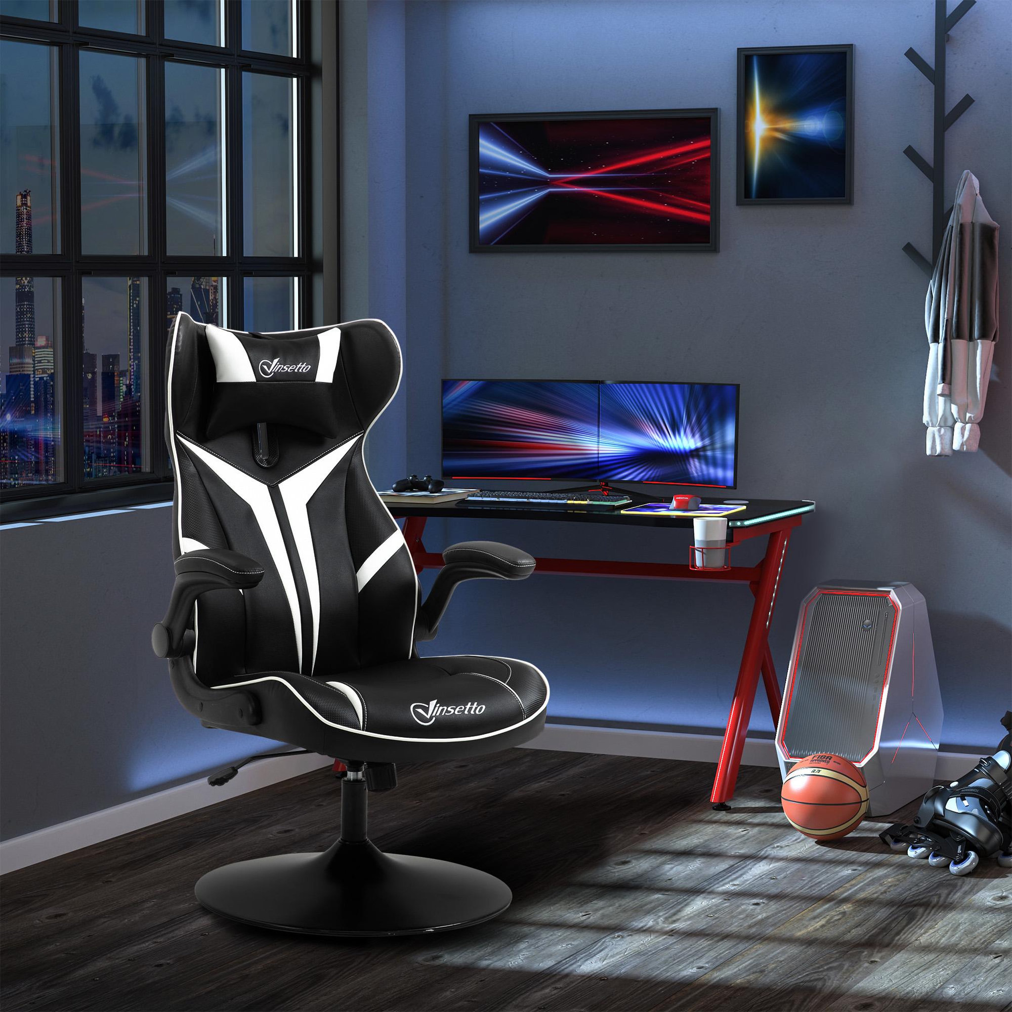Voir la diapositive 2 : VINSETTO Fauteuil gaming base ronde métal pivotante 360° hauteur réglable tétière accoudoirs relevables PVC blanc noir